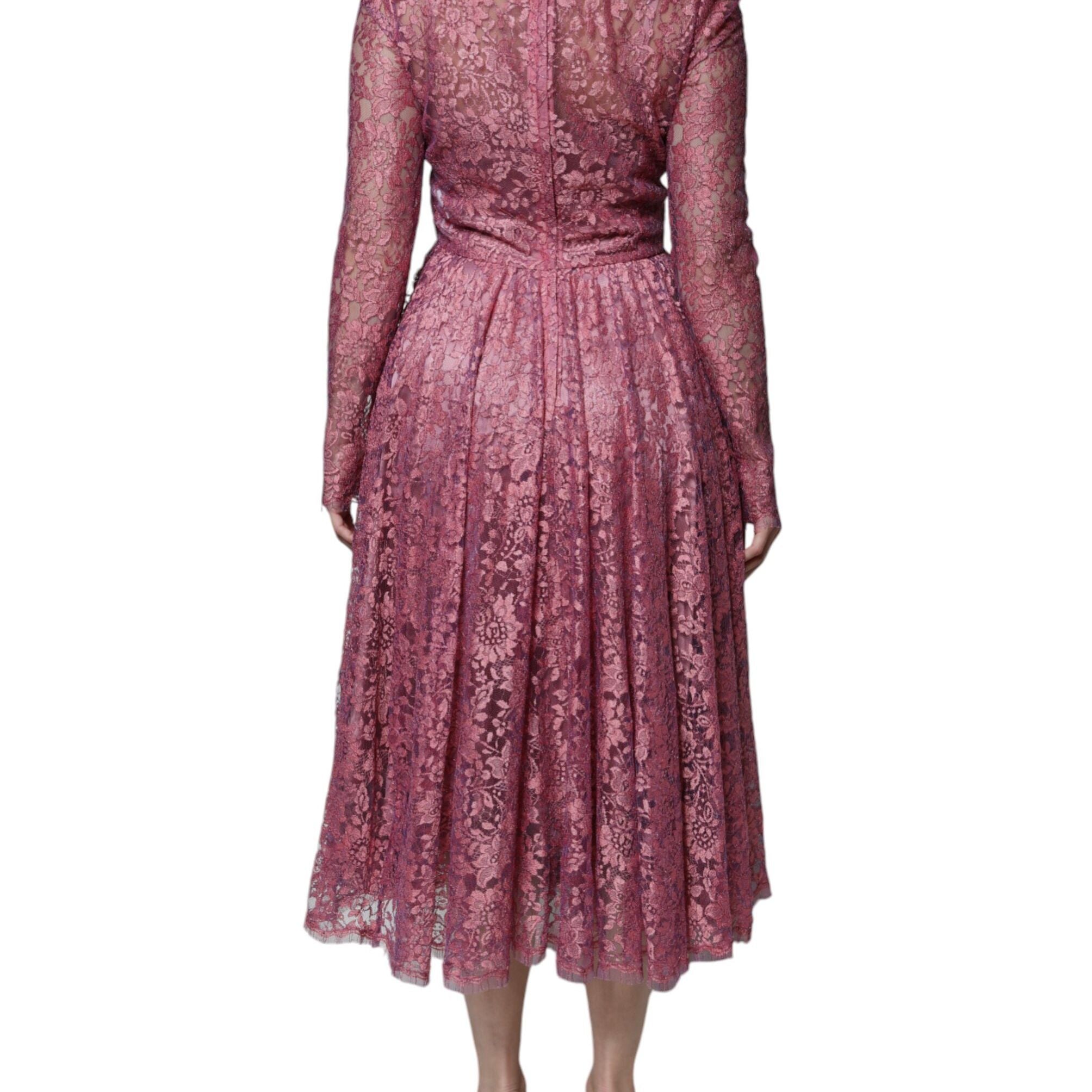 Dolce & Gabbana Pink Floral Lace Long Sleeve Midi Dress