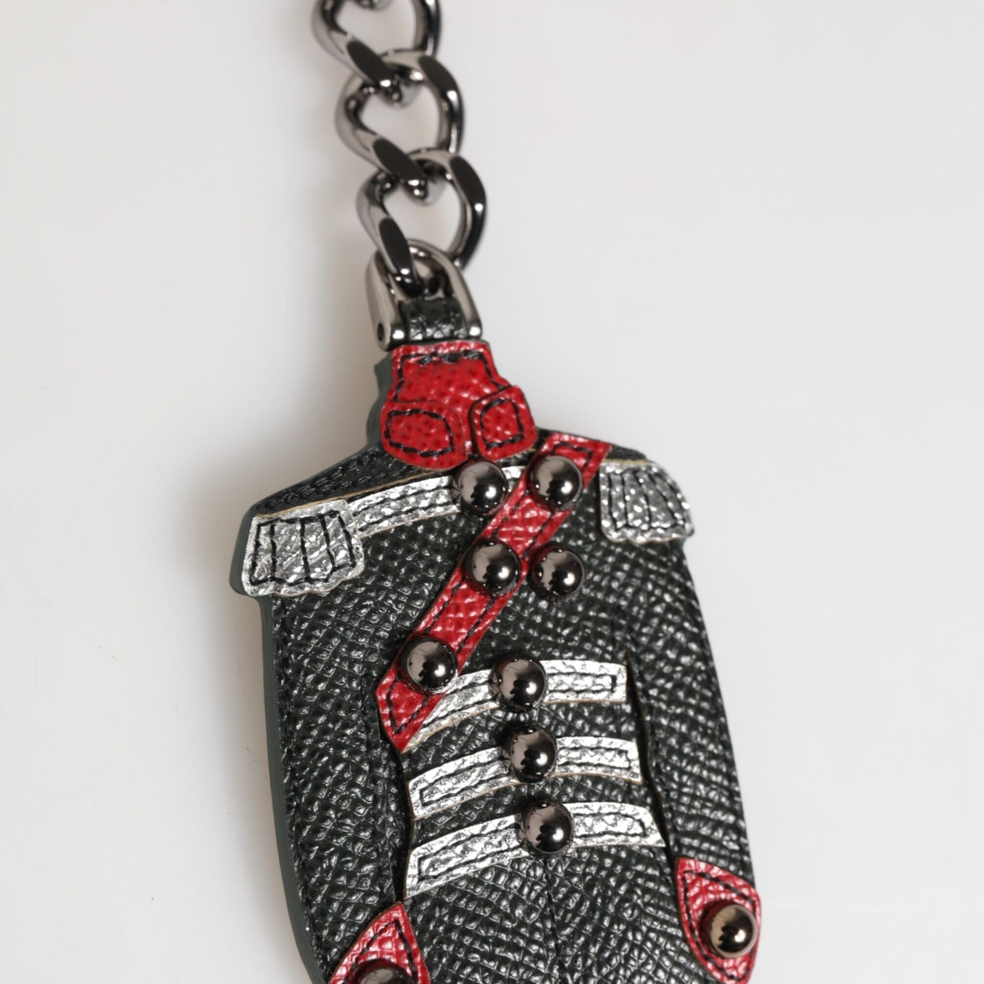 Dolce & Gabbana Black Red Military Leather Patch DG Logo Keychain Keyring
