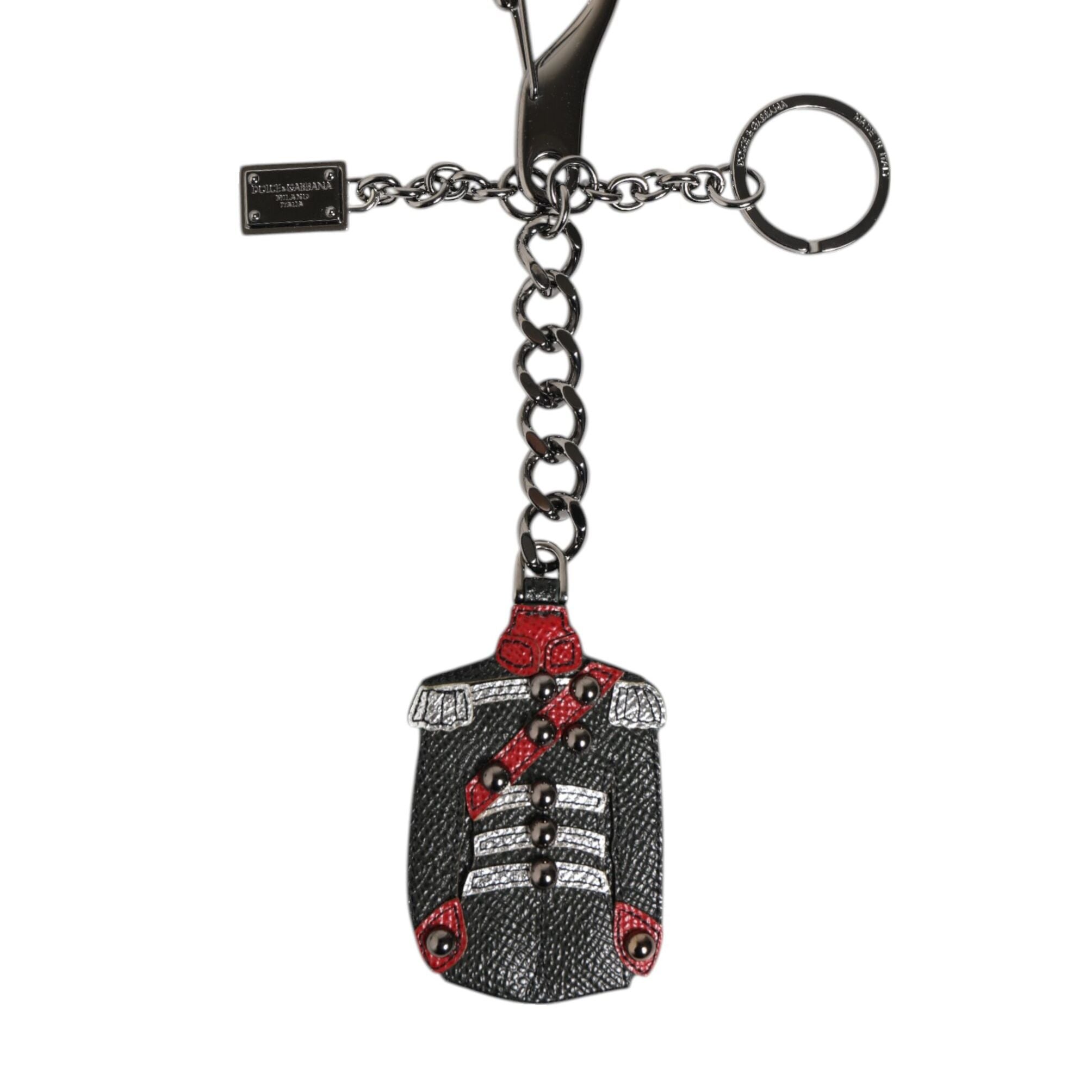 Dolce & Gabbana Black Red Military Leather Patch DG Logo Keychain Keyring