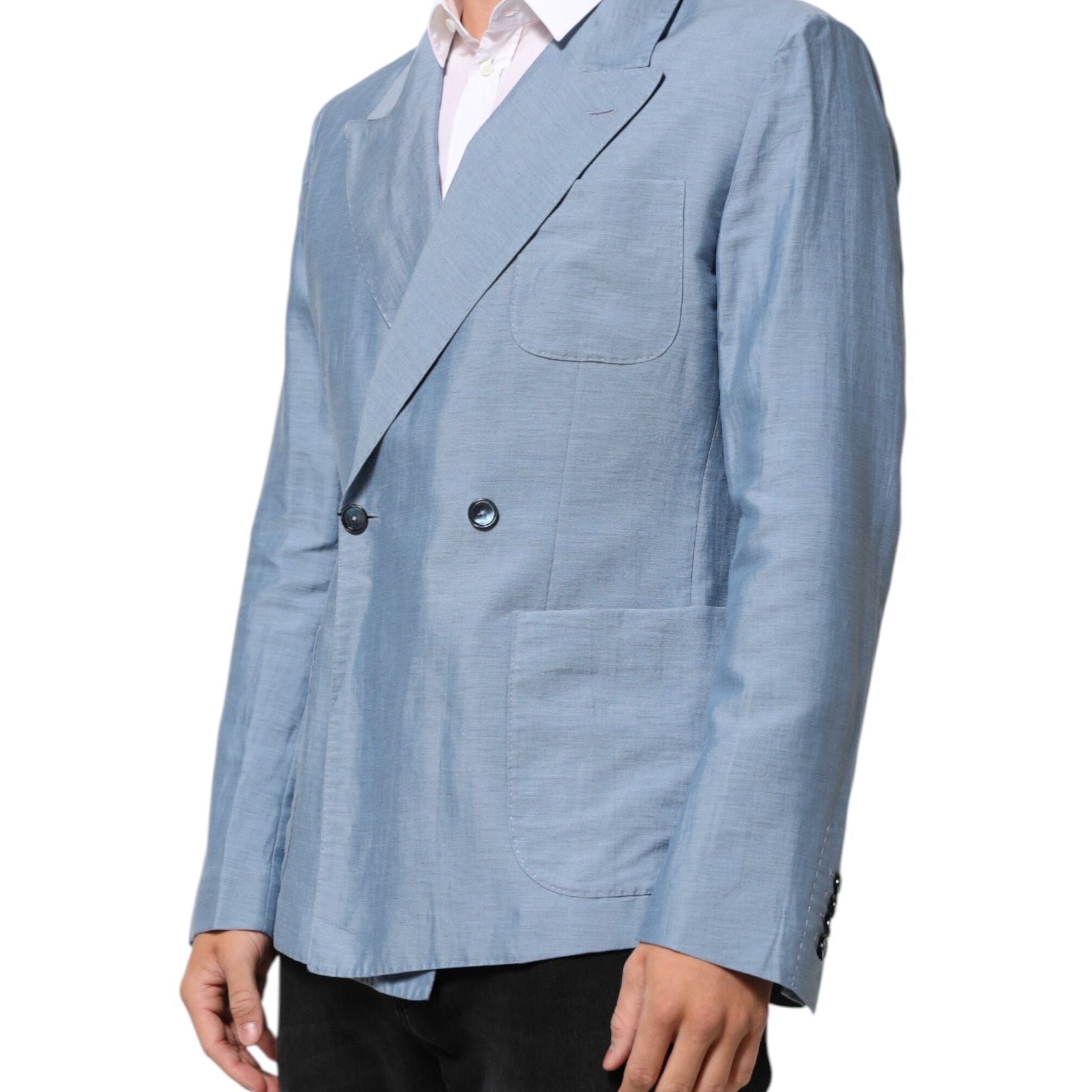 Dolce & Gabbana Light Blue Linen Double Breasted Men Jacket Blazer