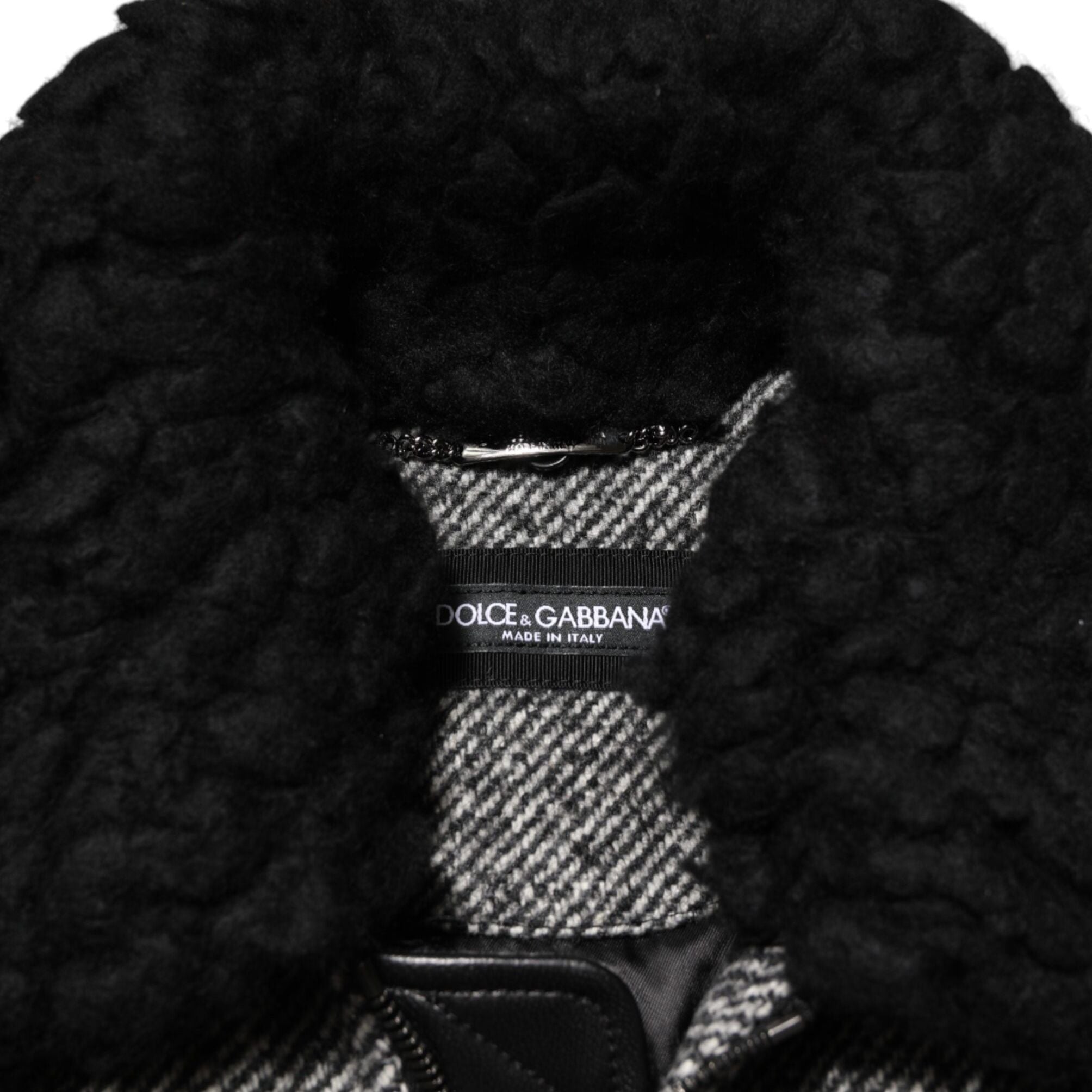 Dolce & Gabbana Gray Wool Herringbone Shearling Collar Bomber Jacket