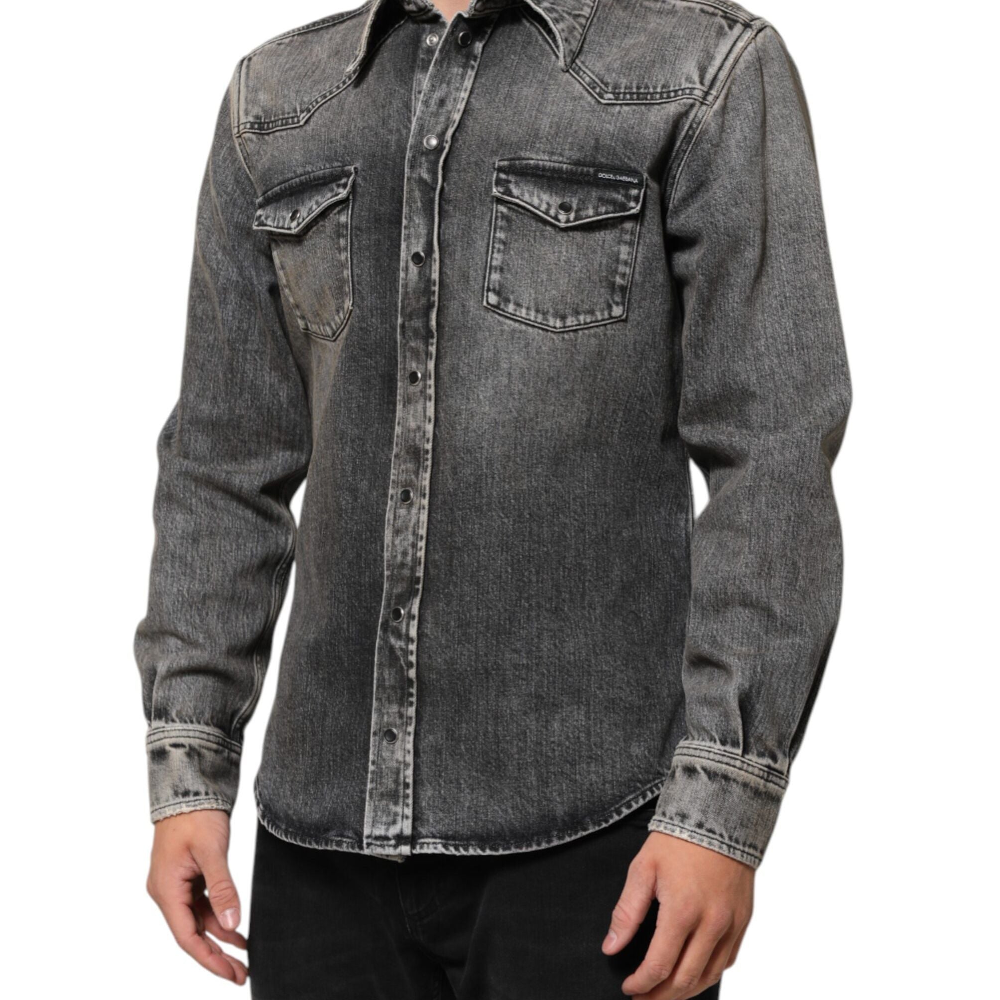 Dolce & Gabbana Black Washed Cotton Snap Long Sleeve Casual Shirt