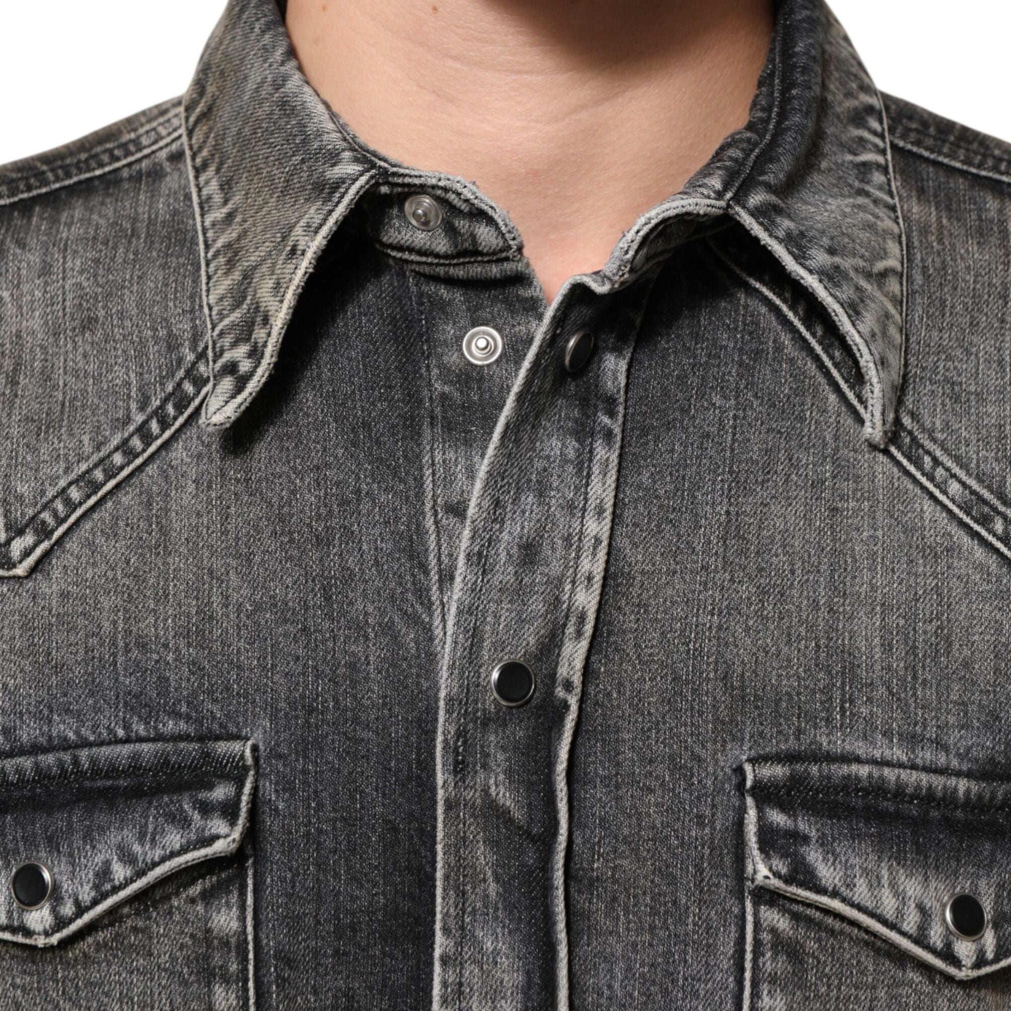 Dolce & Gabbana Black Washed Cotton Snap Long Sleeve Casual Shirt