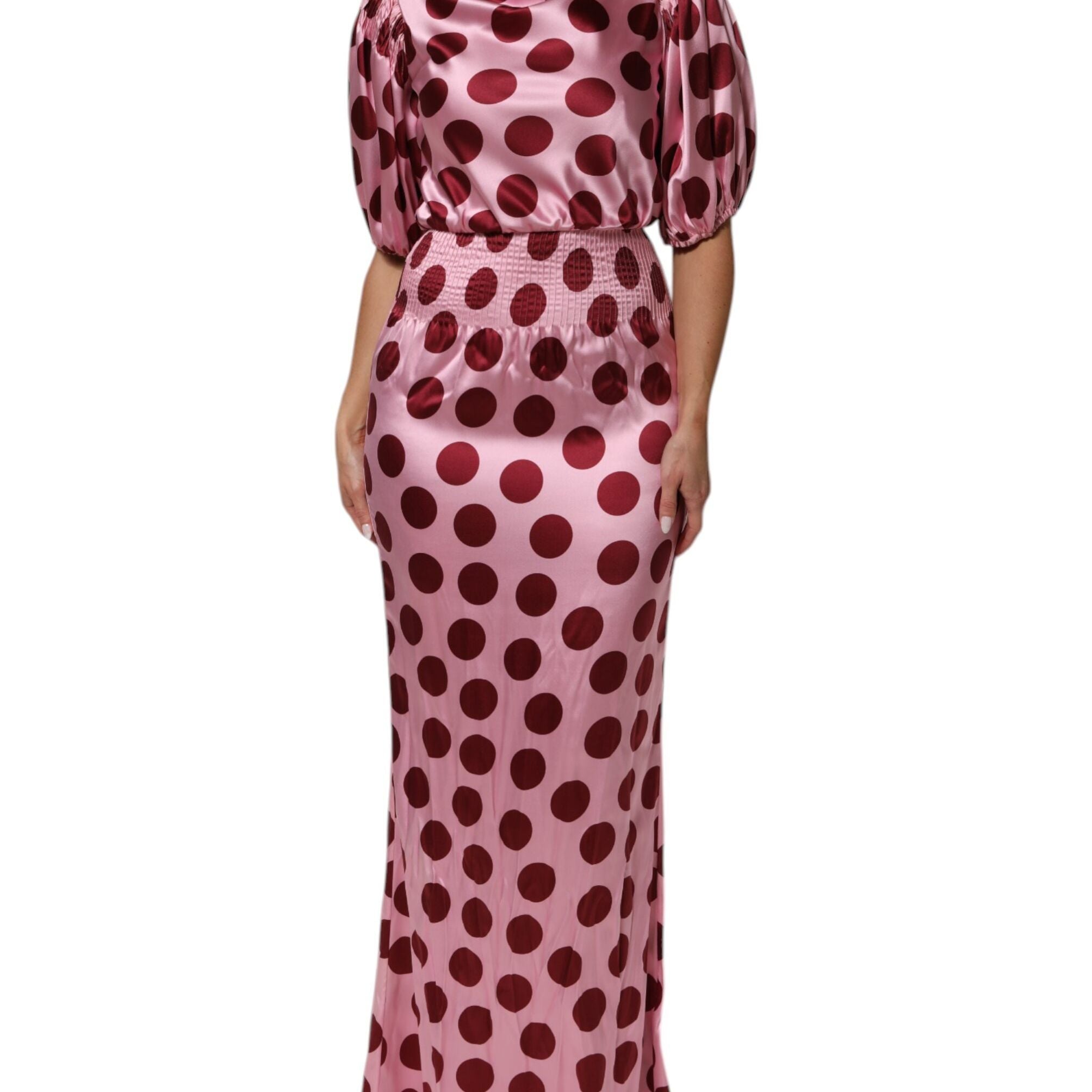 Dolce & Gabbana Pink Red Polka Dot Silk Satin Maxi Gown Dress