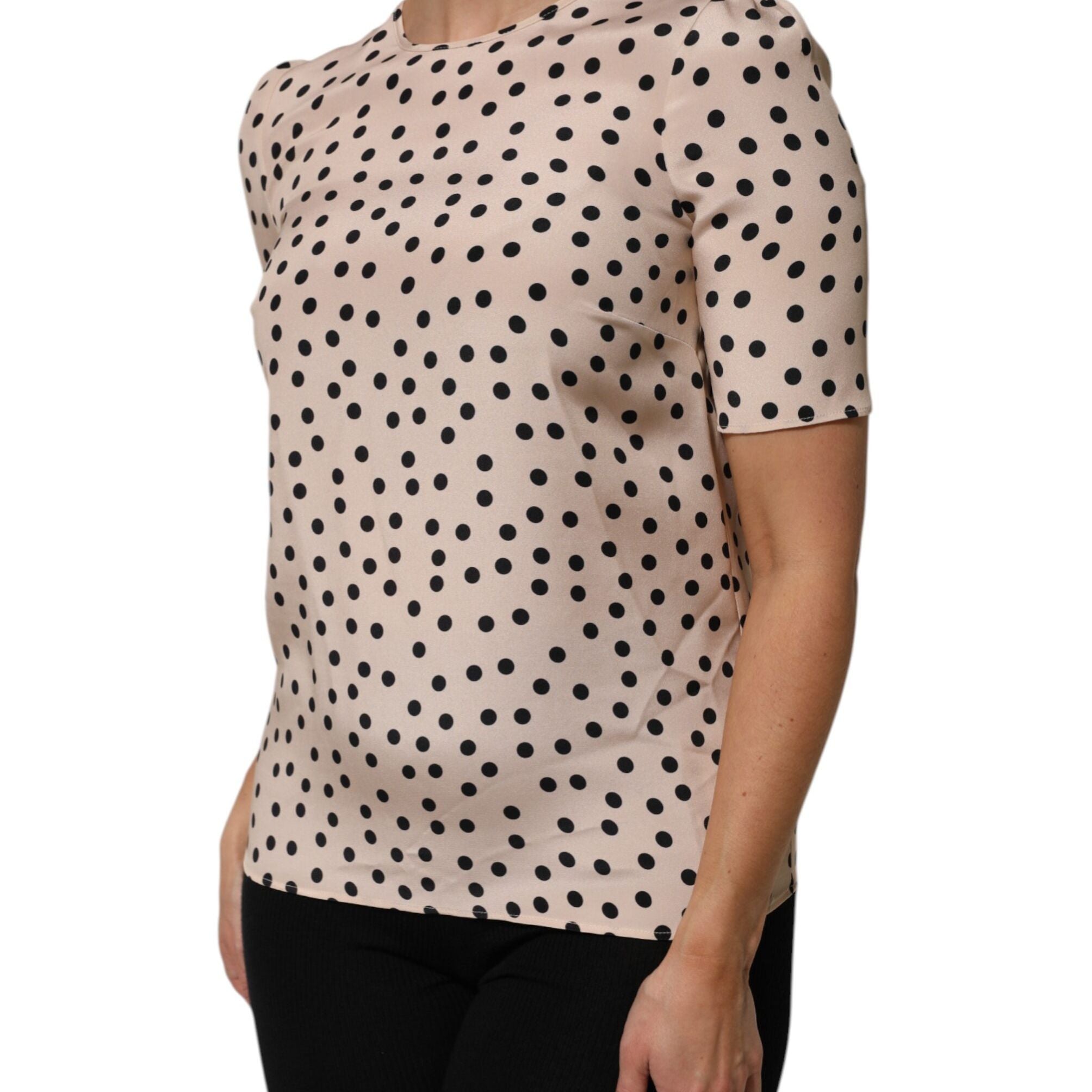 Dolce & Gabbana Beige Black Polka Dot Silk Short Sleeve Blouse Top