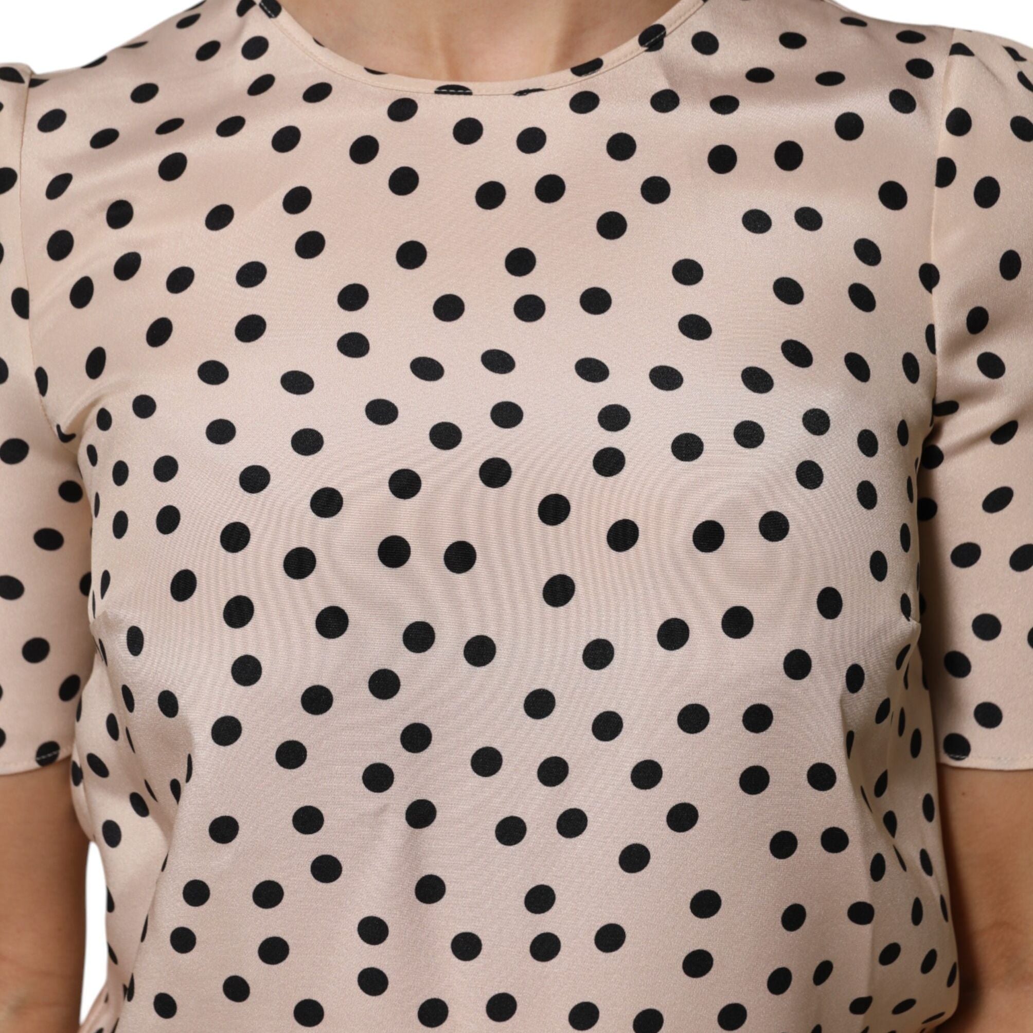 Dolce & Gabbana Beige Black Polka Dot Silk Short Sleeve Blouse Top
