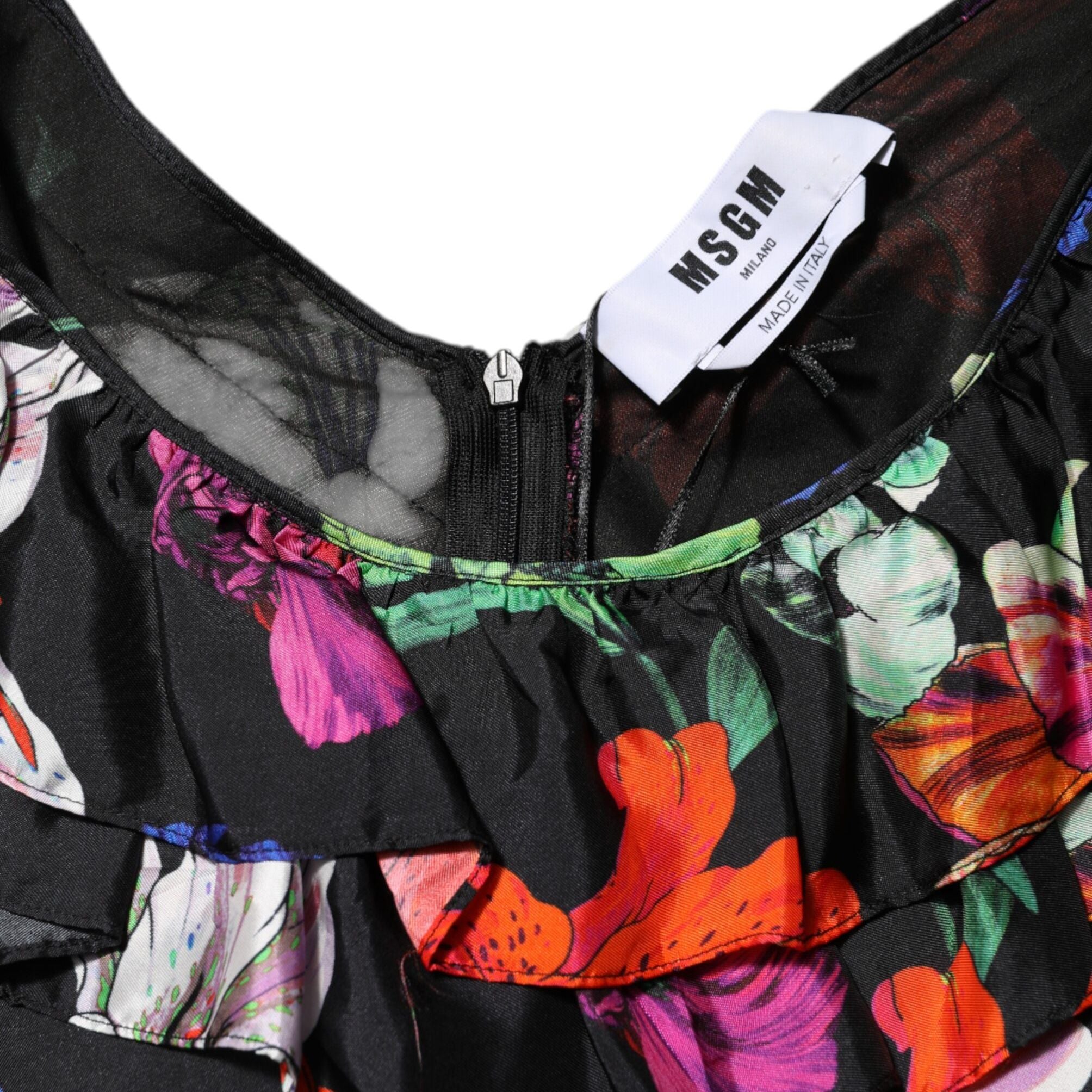 MSGM Dress Black Multicolor Floral Ruffle Long Sleeve Mini Dress