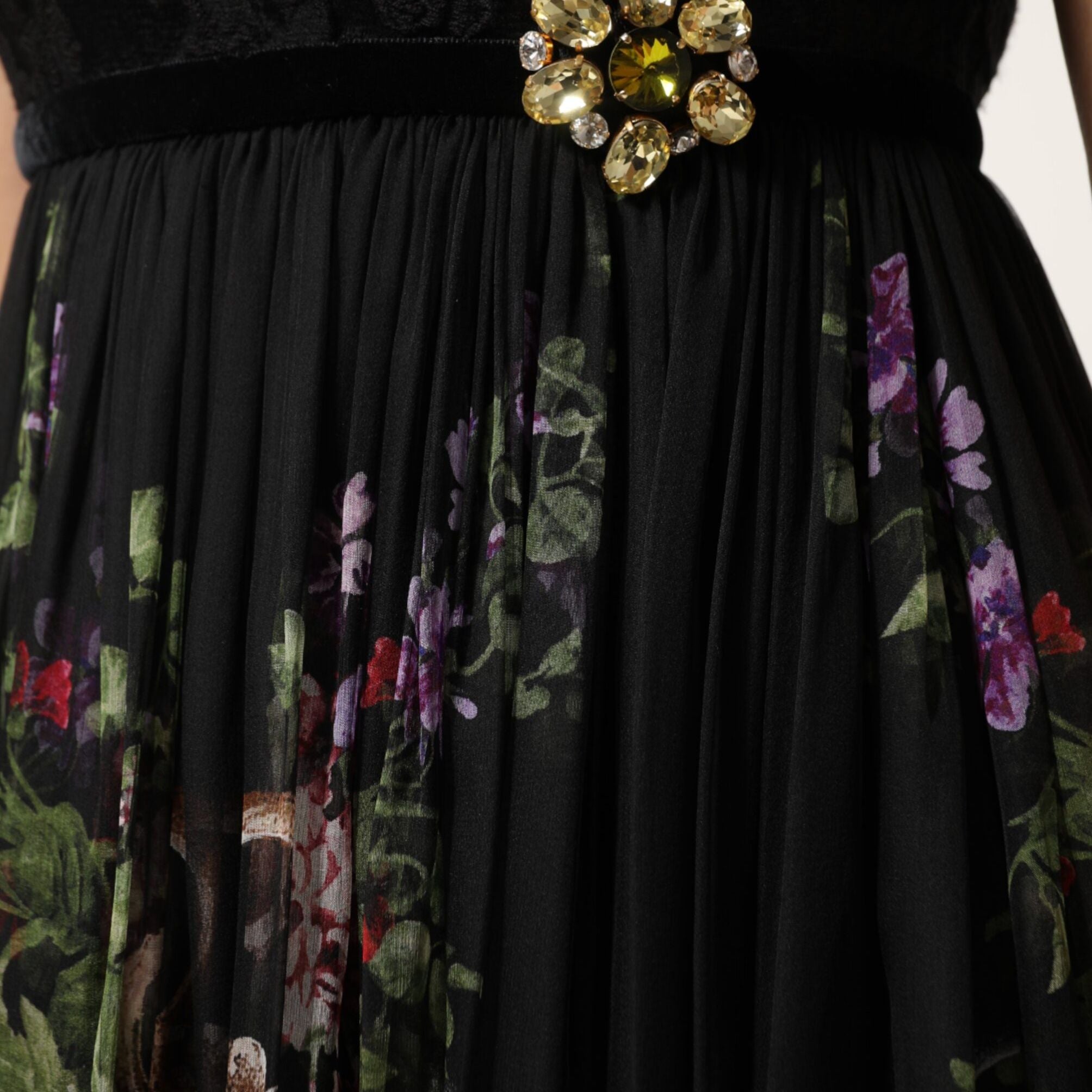 Dolce & Gabbana Black Floral Key Print Crystal Strapless Dress