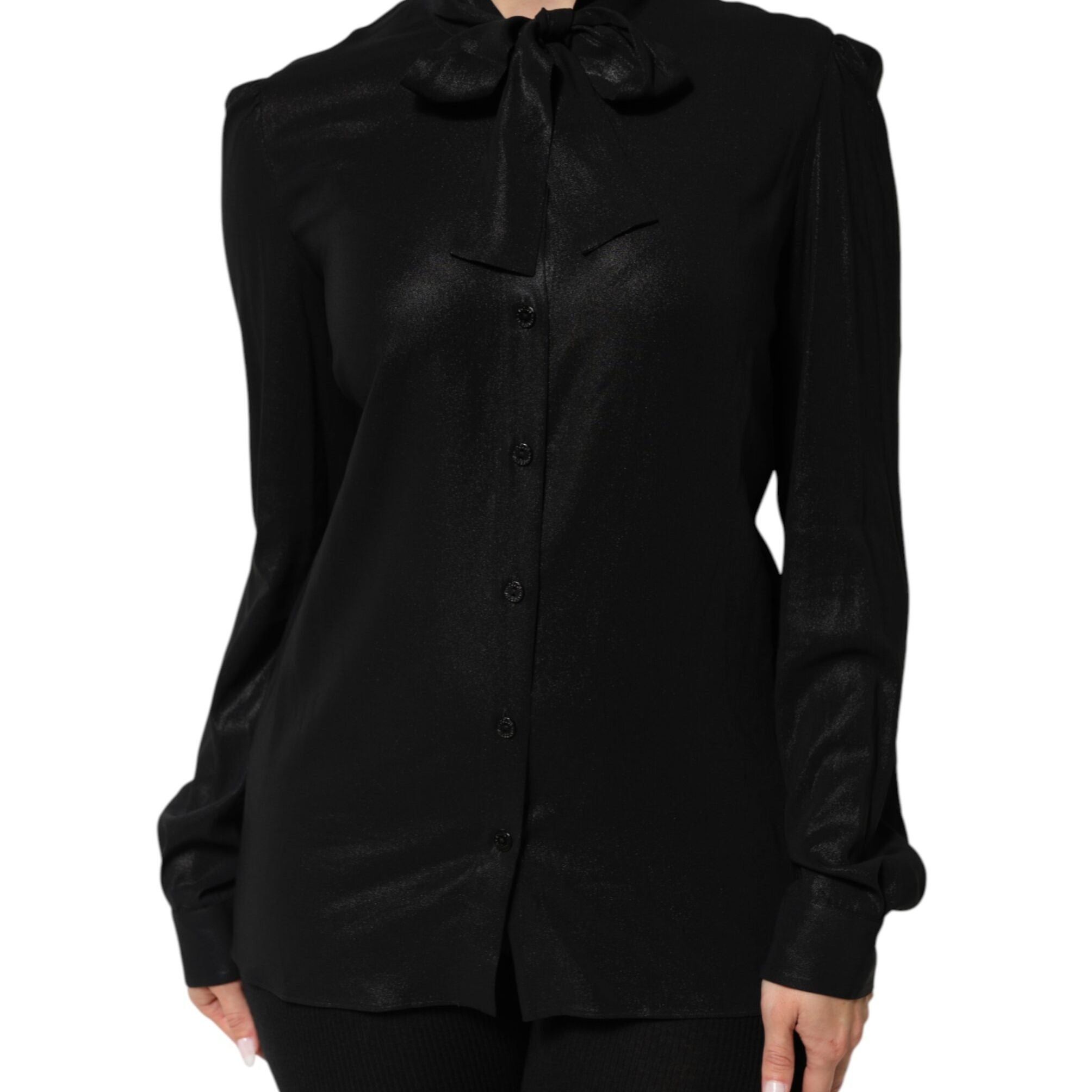 Dolce & Gabbana Black Viscose Long Sleeve Tie Neck Blouse Top