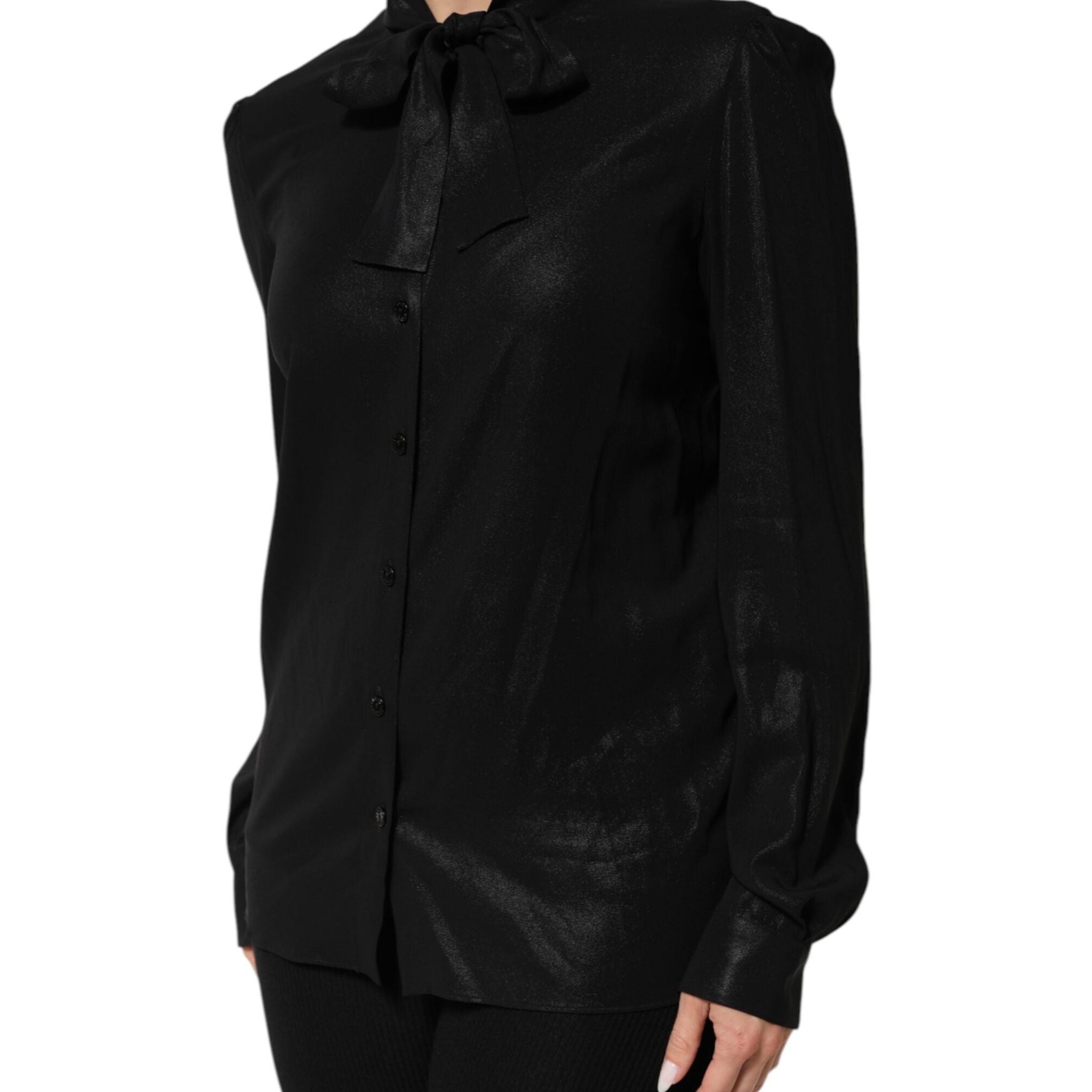 Dolce & Gabbana Black Viscose Long Sleeve Tie Neck Blouse Top