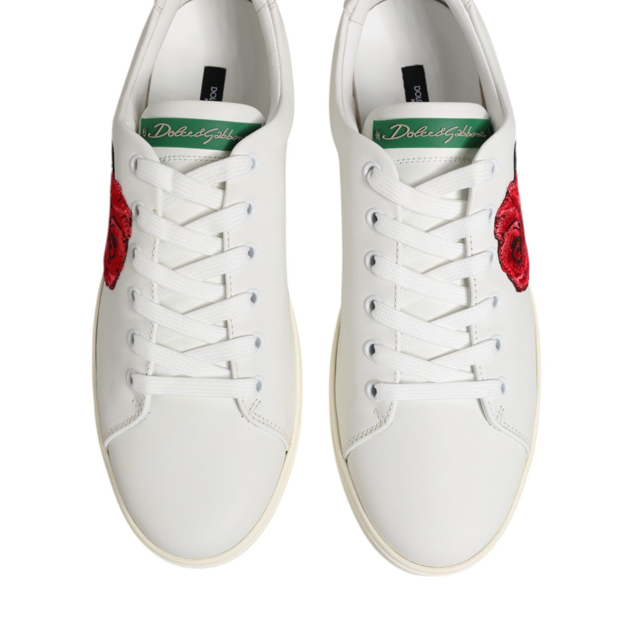 Dolce & Gabbana White Leather Rose Embroidery Low-Top  Shoes