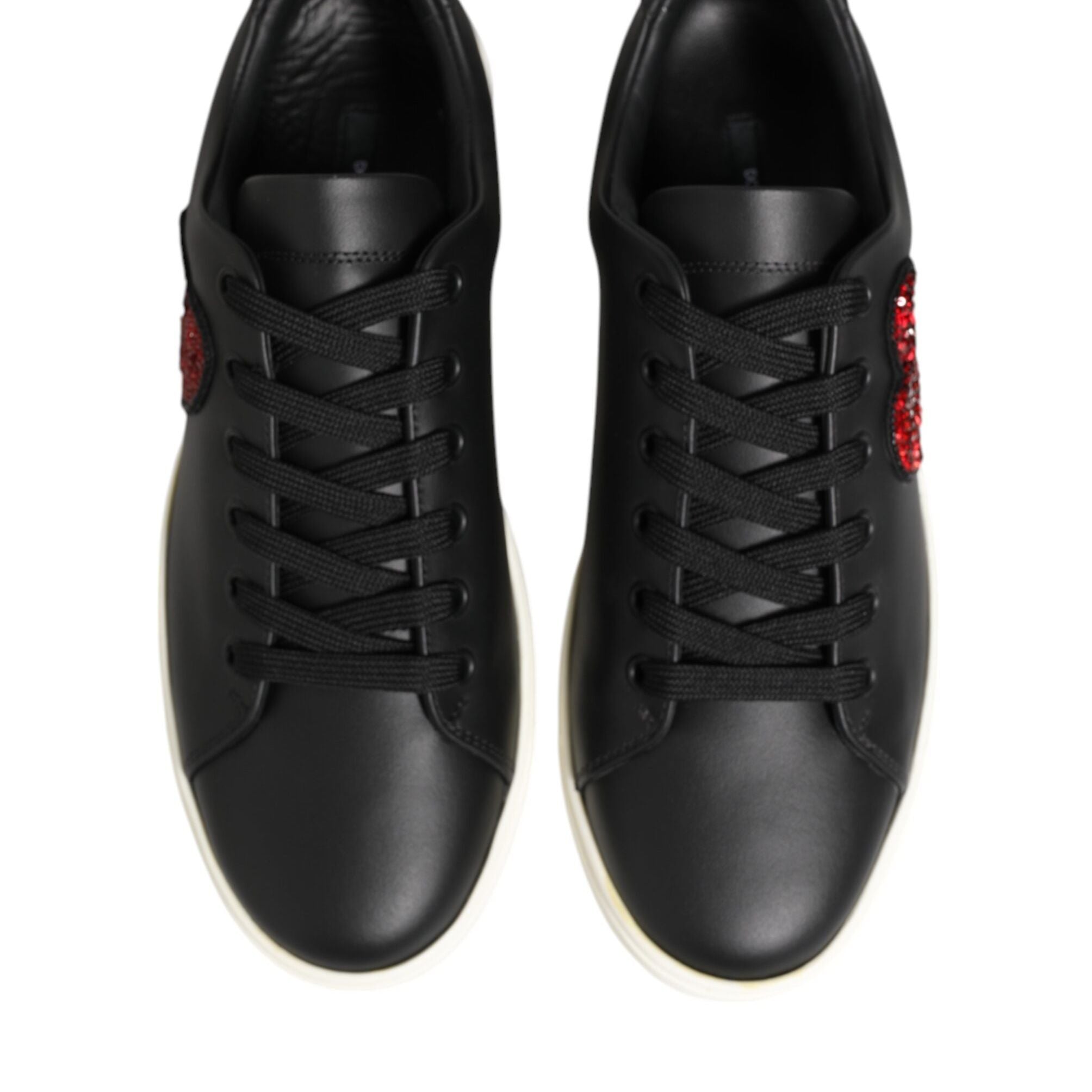 Dolce & Gabbana Black White Leather Crystal Heart Sneakers Shoes