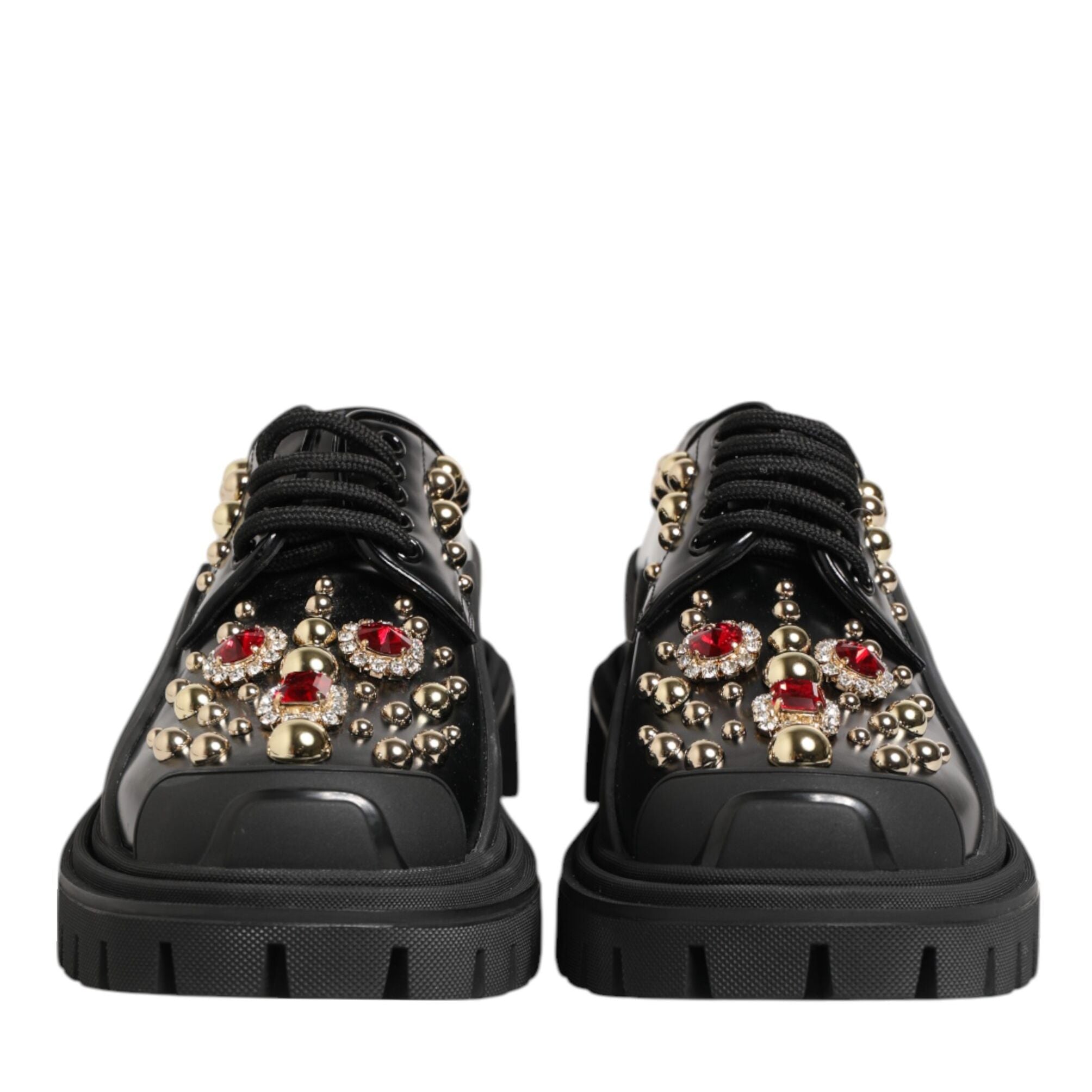 Dolce & Gabbana Black Leather Jeweled Crystals Derby Shoes