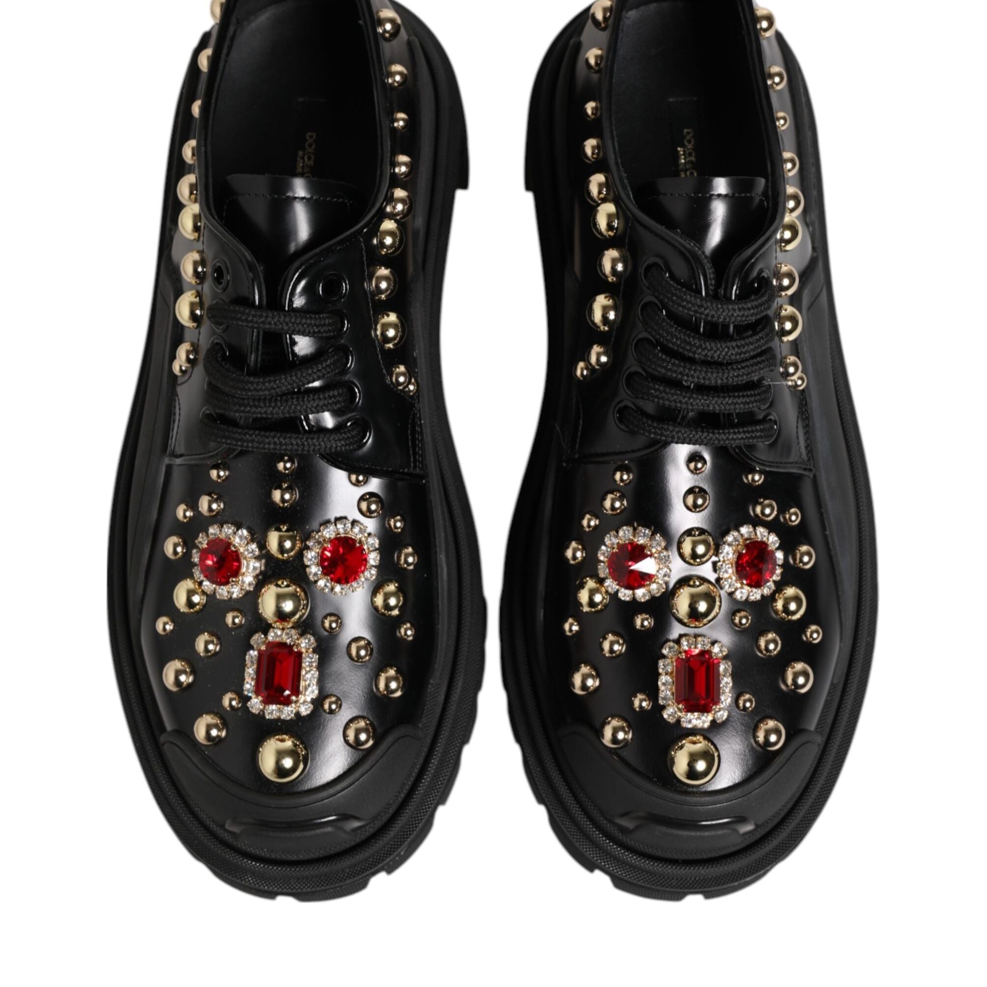 Dolce & Gabbana Black Leather Jeweled Crystals Derby Shoes