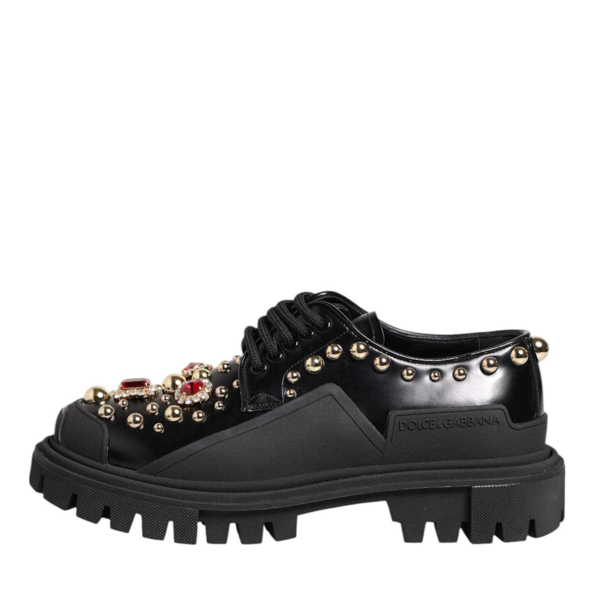 Dolce & Gabbana Black Leather Jeweled Crystals Derby Shoes