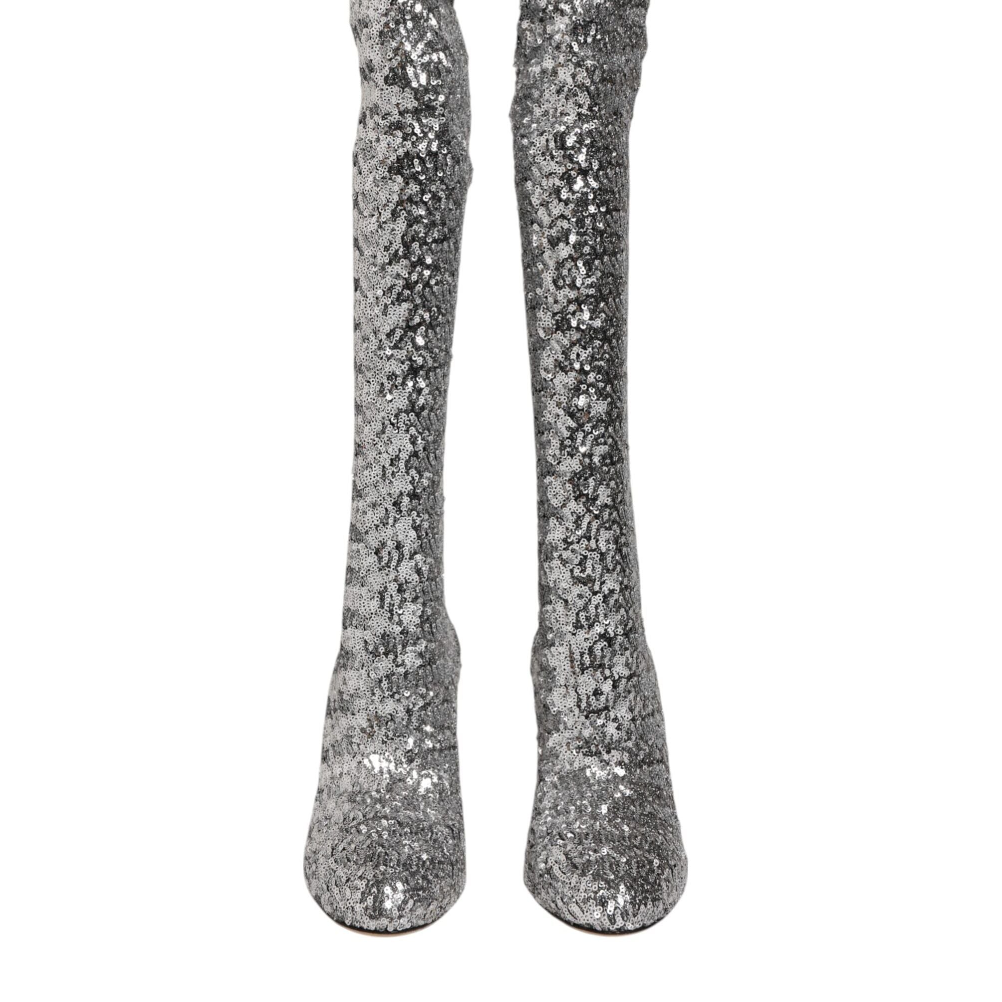 Dolce & Gabbana Shoes Silver Sequins Glitter High Heel Boot Shoes
