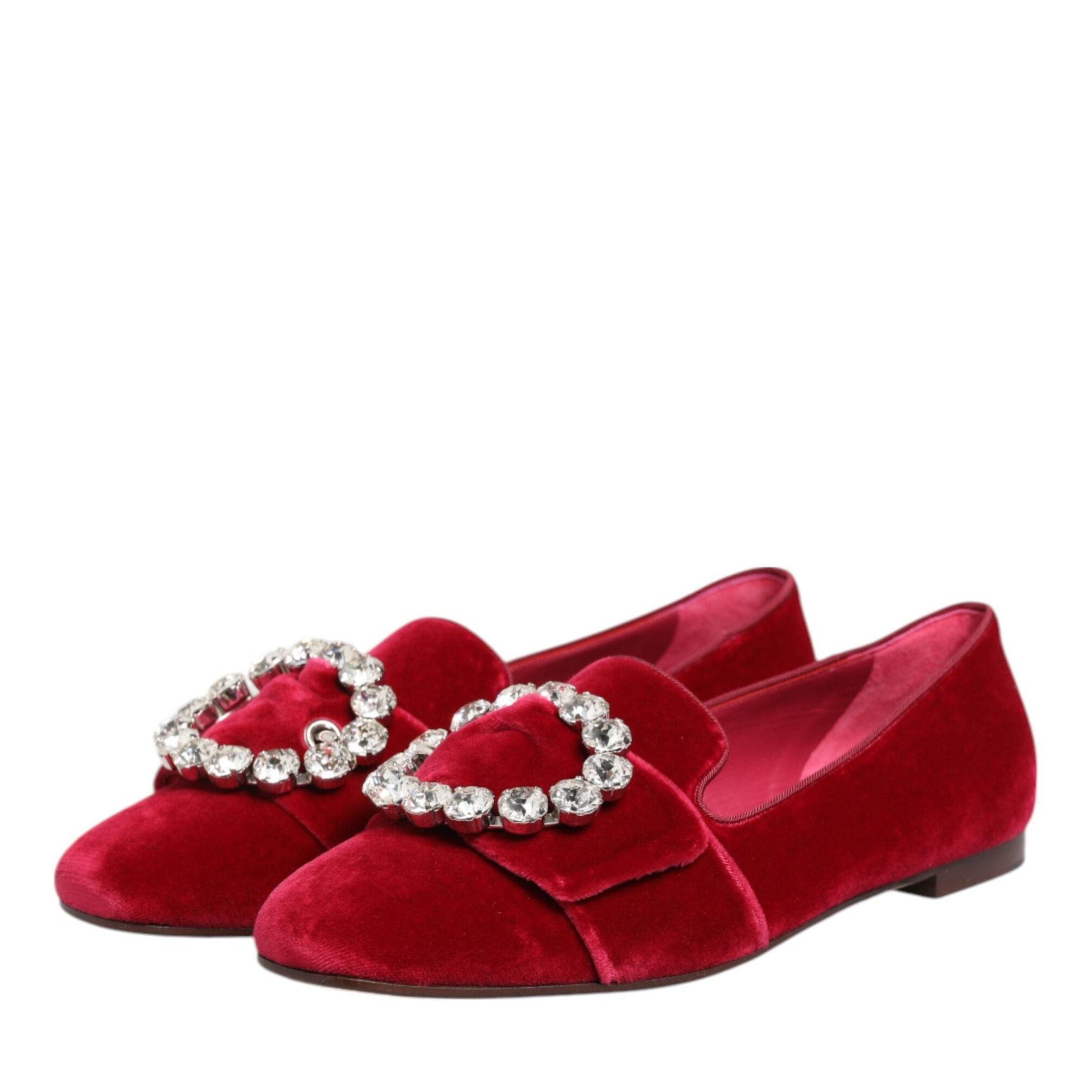 Dolce & Gabbana Red Velvet Crystal Buckle Loafers Flats Shoes