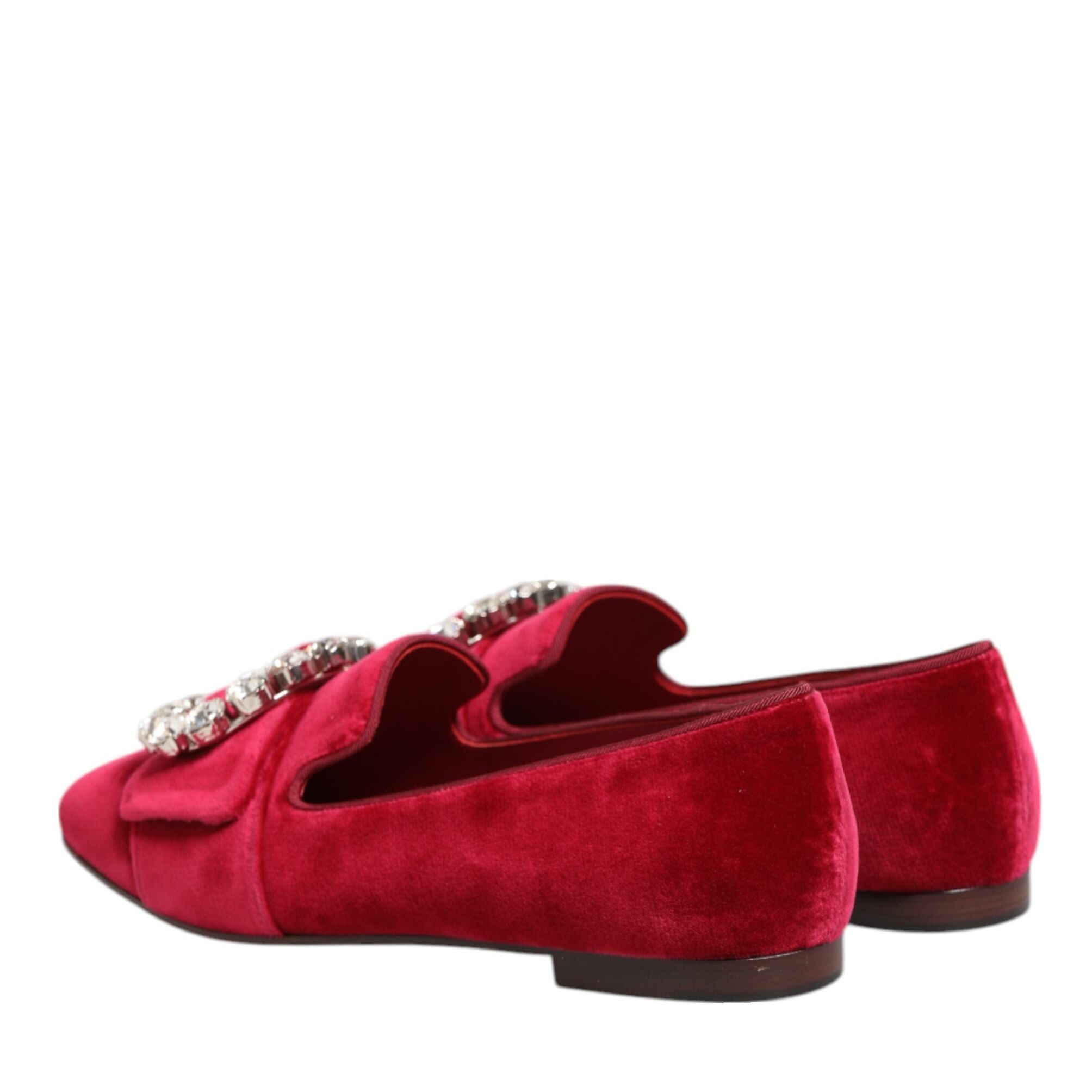 Dolce & Gabbana Red Velvet Crystal Buckle Loafers Flats Shoes