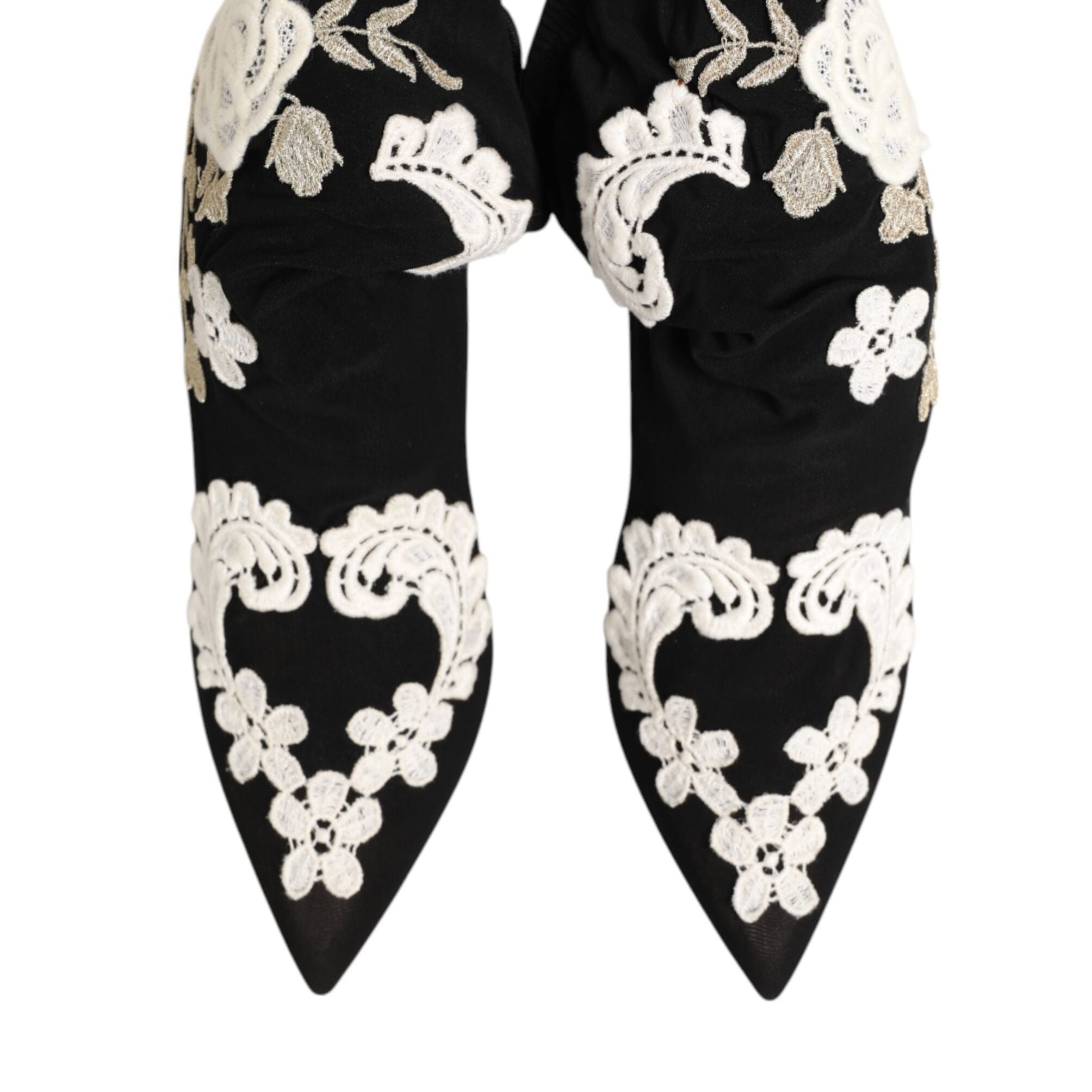 Dolce & Gabbana Black White Embroidered Jersey Stiletto Boots Shoes