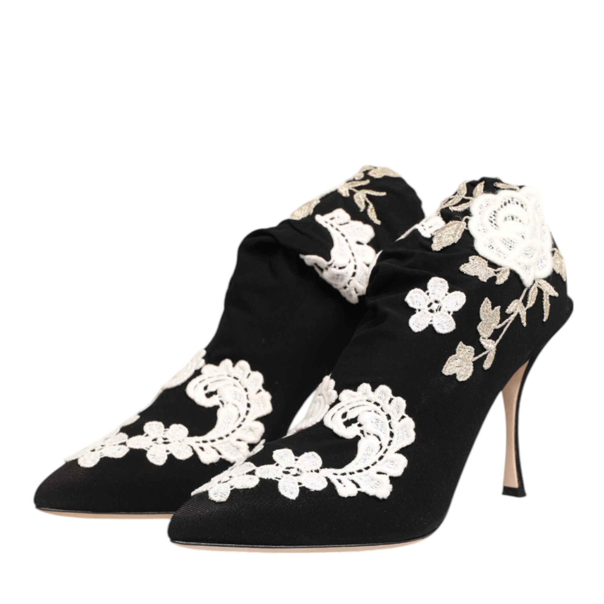 Dolce & Gabbana Black White Embroidered Jersey Stiletto Boots Shoes