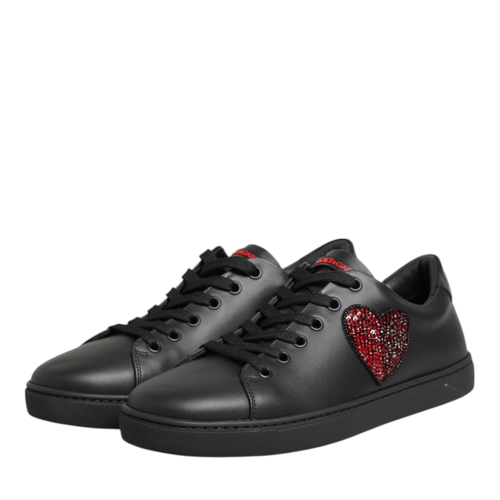 Dolce & Gabbana Black Leather Crystal Heart Low Top Sneakers  Shoes
