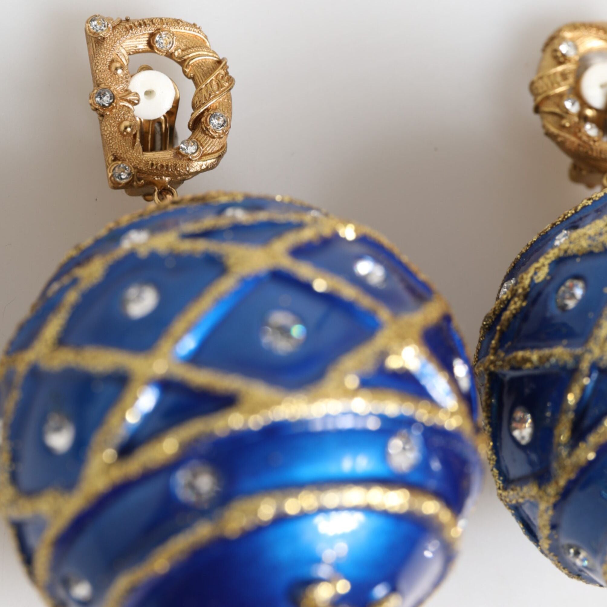 Dolce & Gabbana Gold Brass Blue Christmas Ball Crystal Drop Clip On Earrings