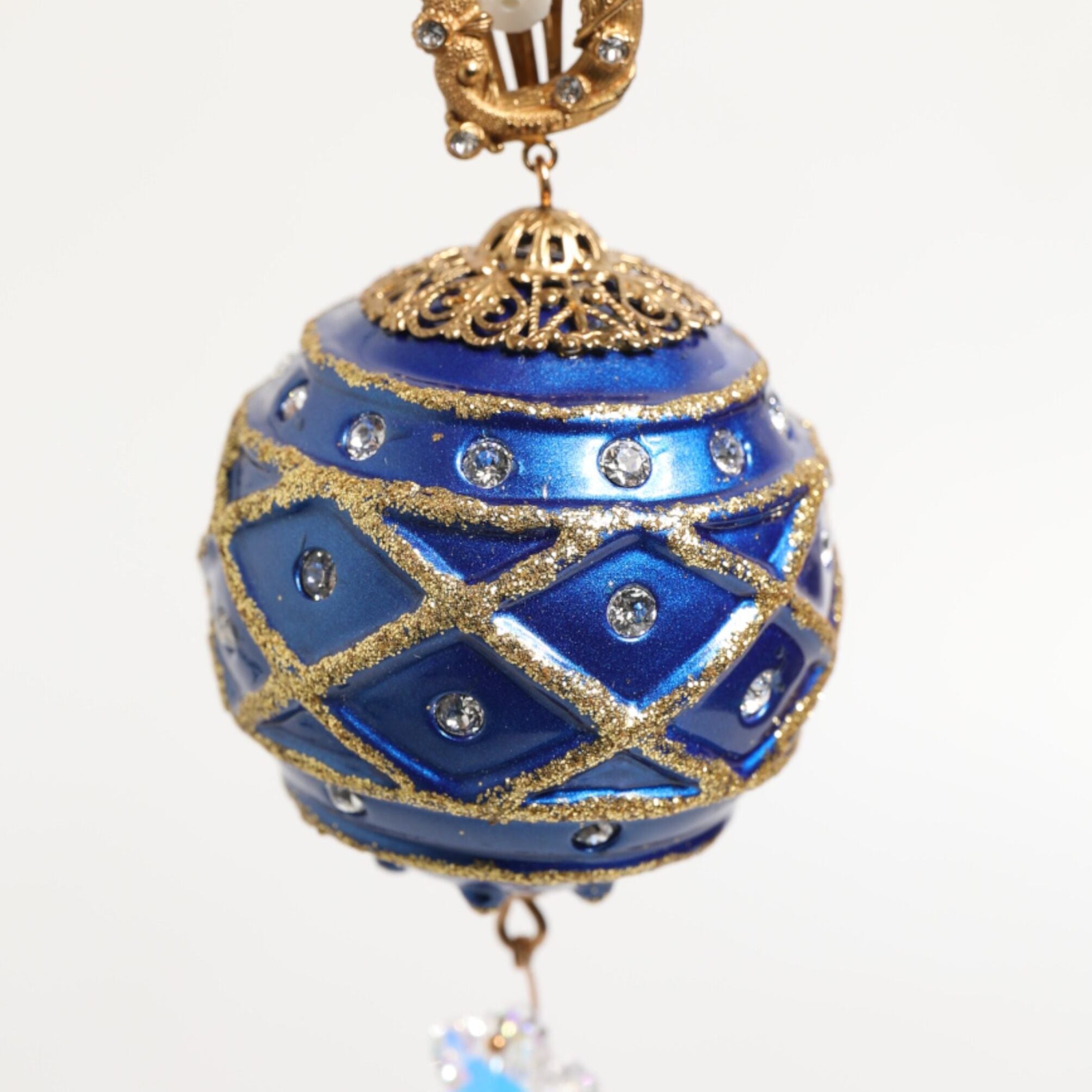 Dolce & Gabbana Gold Brass Blue Christmas Ball Crystal Drop Clip On Earrings
