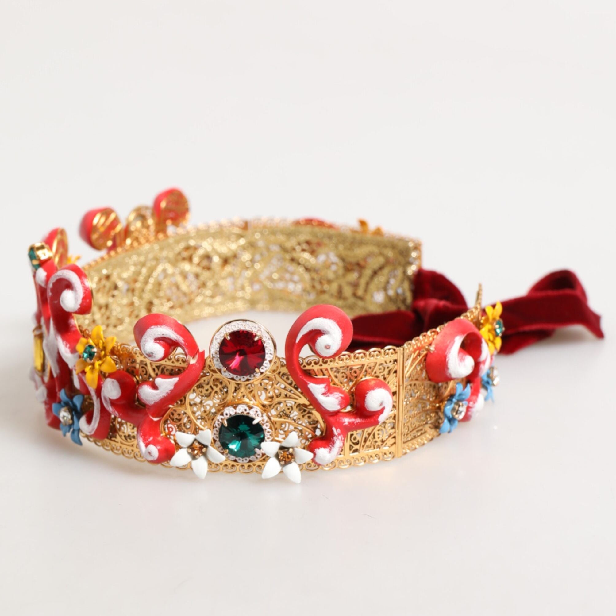 Dolce & Gabbana Red Carretto Multicolor Crystal Gold Tiara Crow Headband