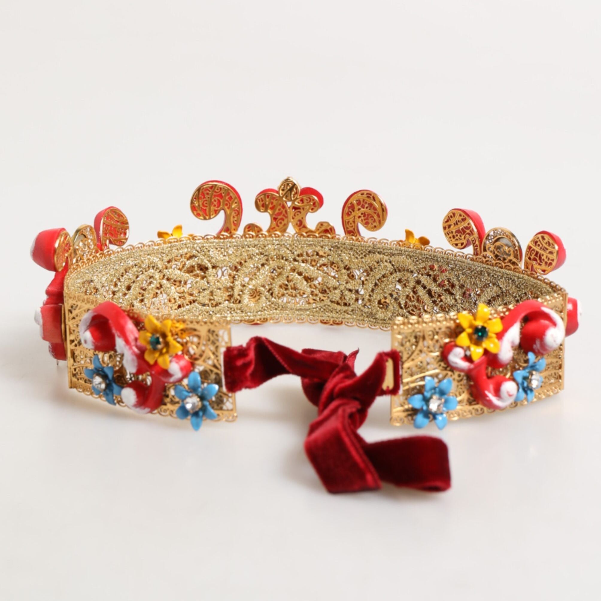 Dolce & Gabbana Red Carretto Multicolor Crystal Gold Tiara Crow Headband