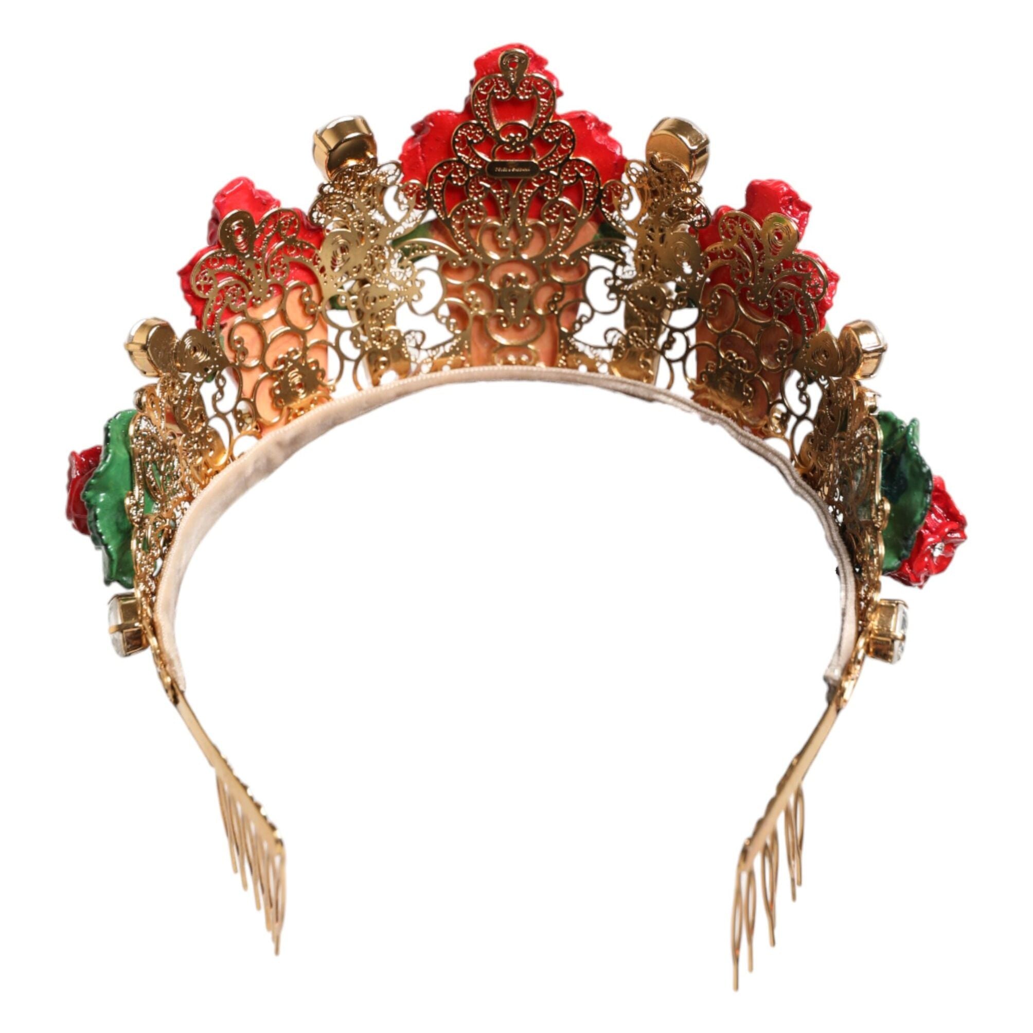 Dolce & Gabbana Red Floral Flowerpot Crystal Gold Crown Tiara Headband