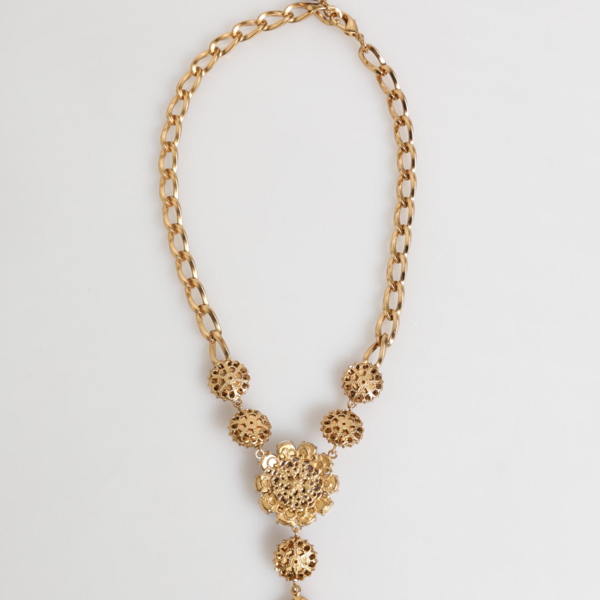 Dolce & Gabbana Gold Brass Crystal Pearl Purple Floral Pendant Jewelry Necklace