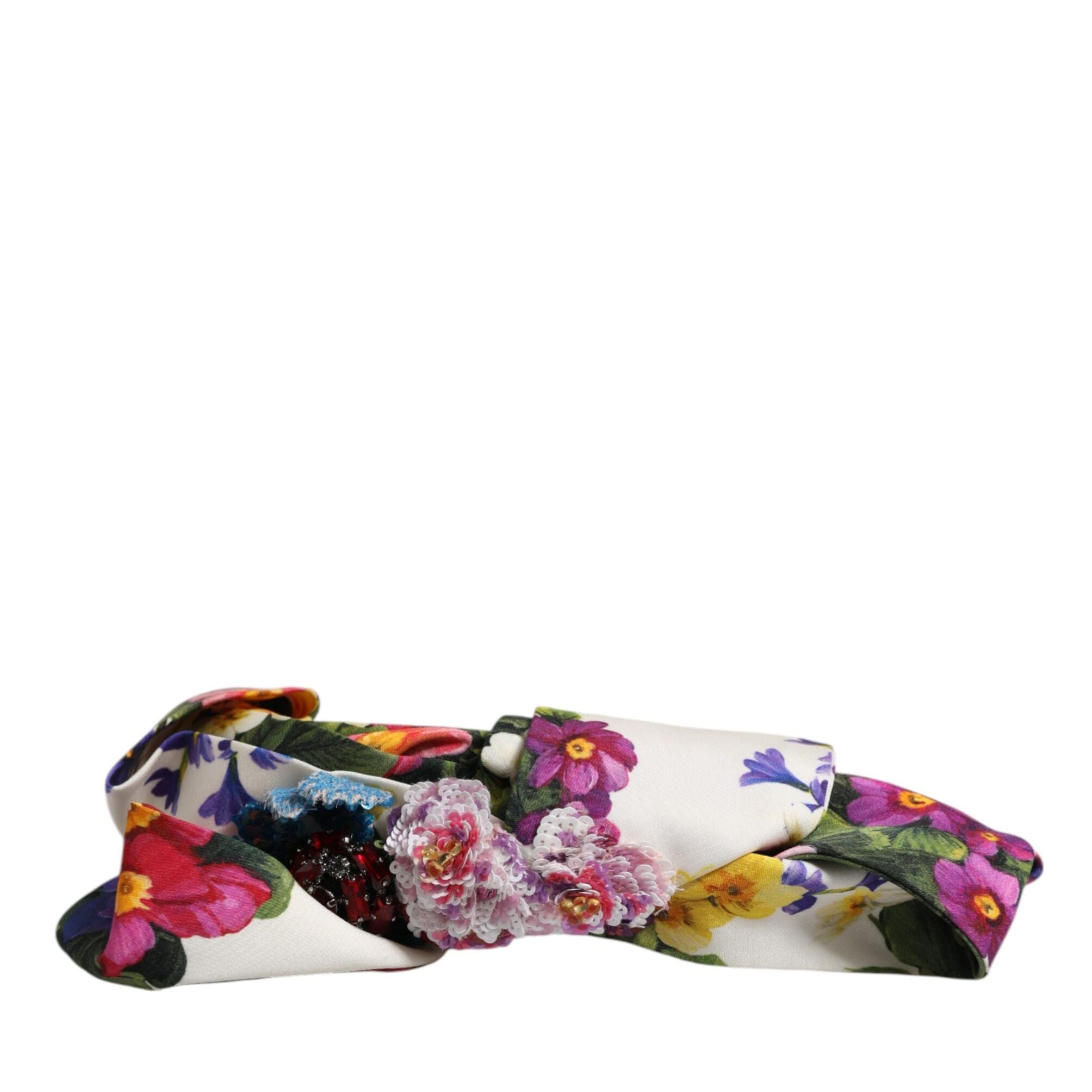 Dolce & Gabbana White Multicolor Floral Silk Bow Crystal Embellished Headband