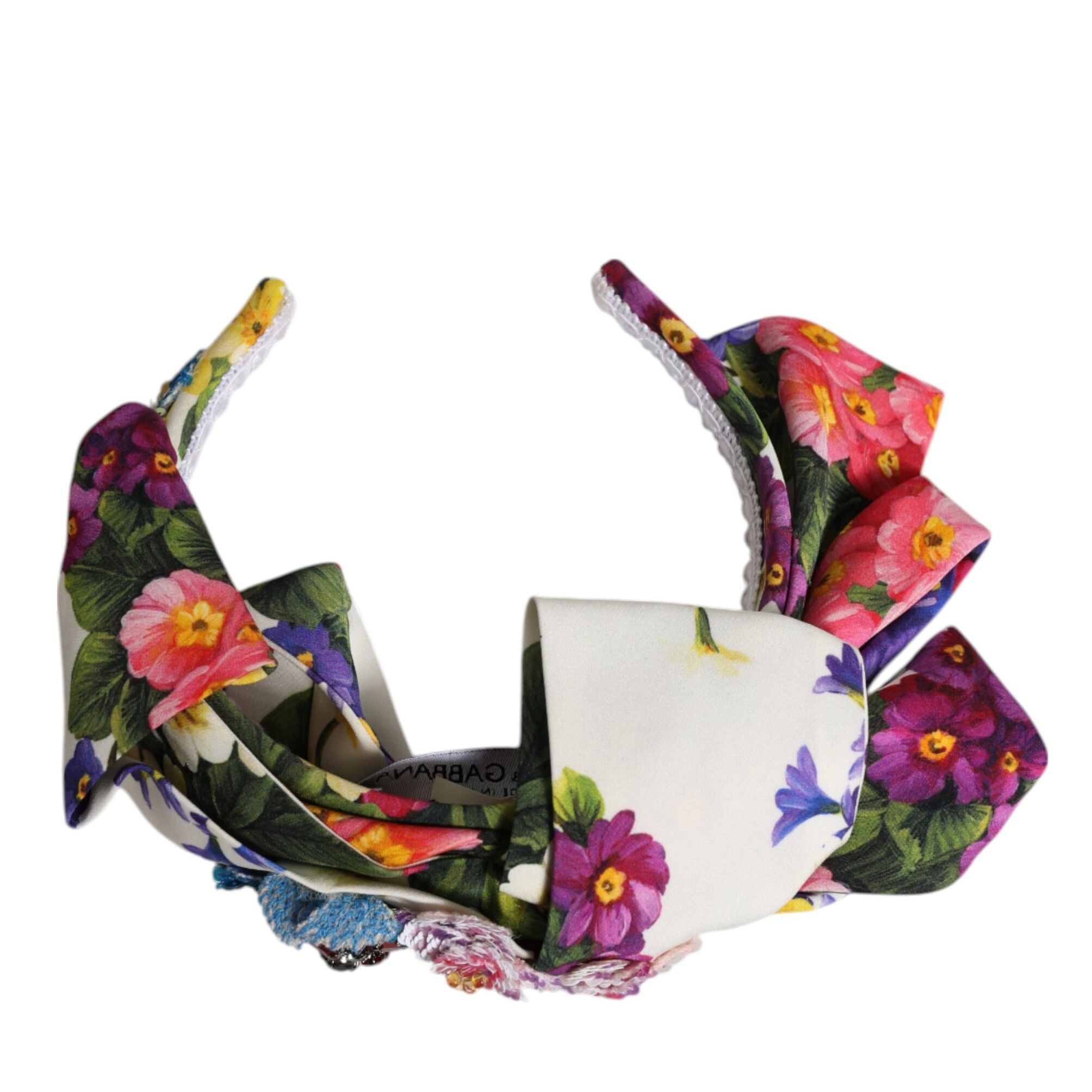 Dolce & Gabbana White Multicolor Floral Silk Bow Crystal Embellished Headband