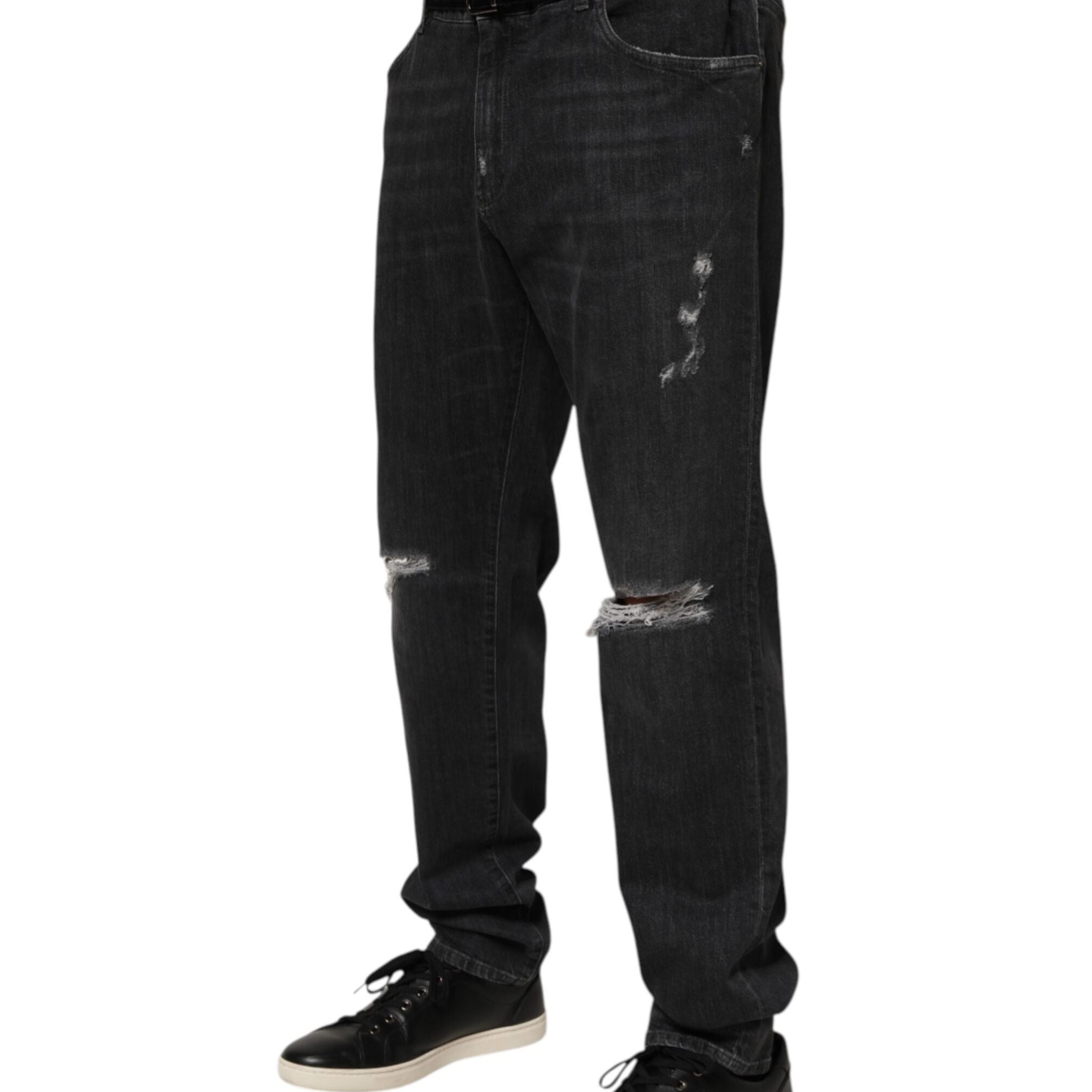Dolce & Gabbana Black Cotton Slim Fit Distressed Ripped Logo Jeans