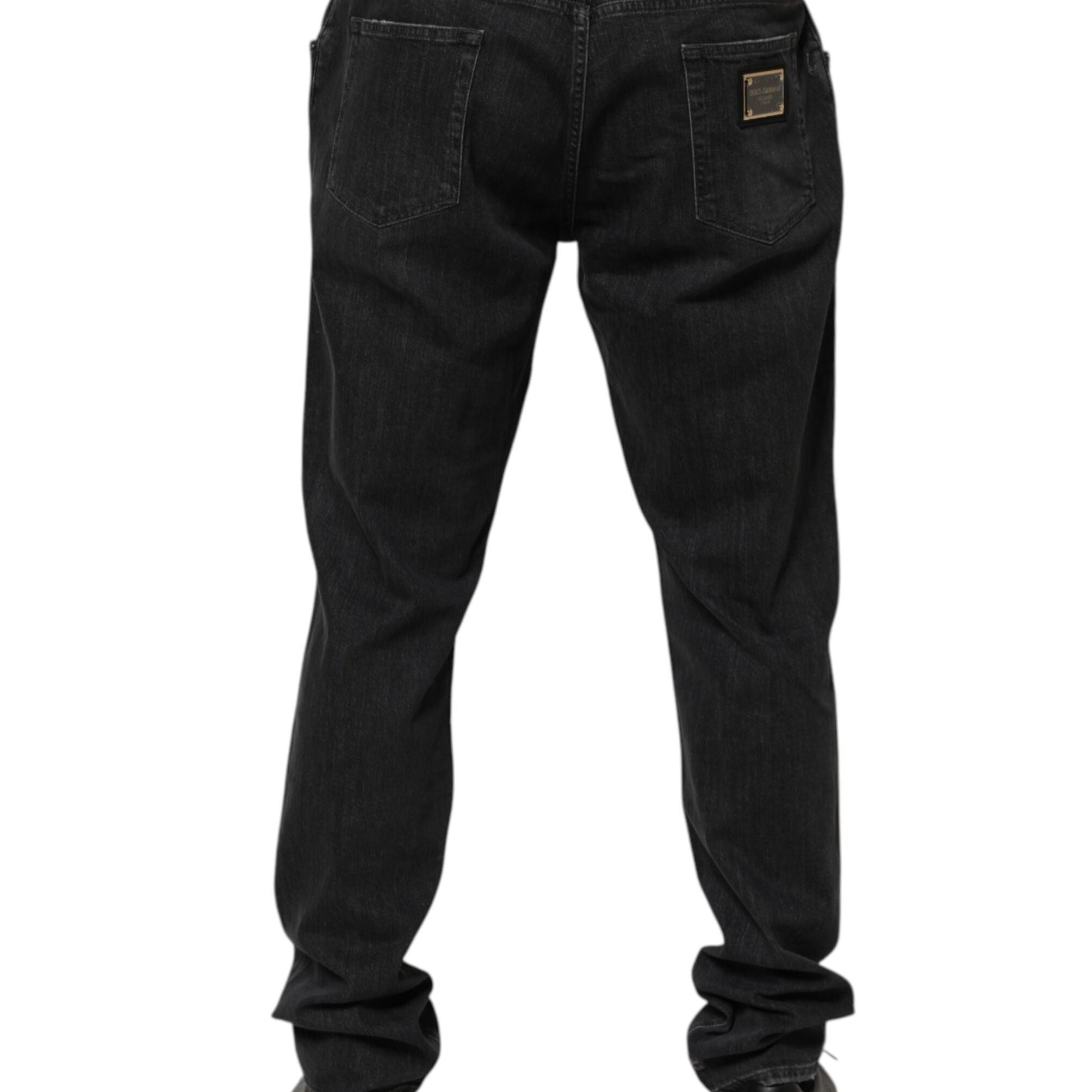 Dolce & Gabbana Black Cotton Slim Fit Distressed Ripped Logo Jeans