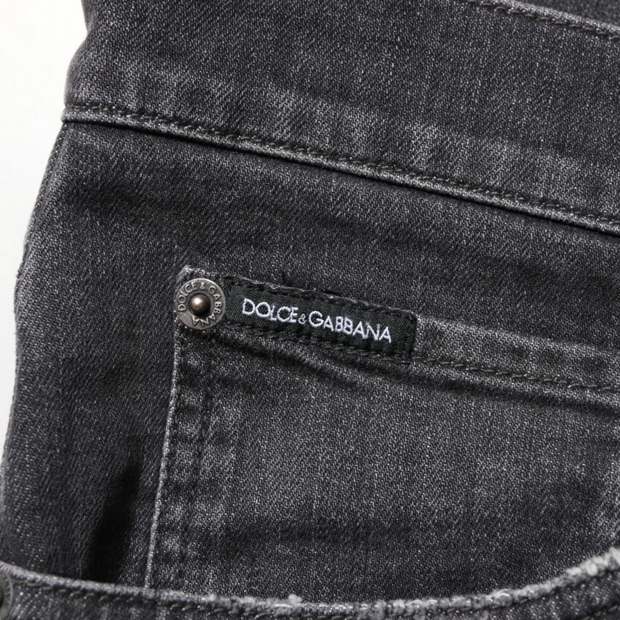 Dolce & Gabbana Black Cotton Slim Fit Distressed Ripped Logo Jeans