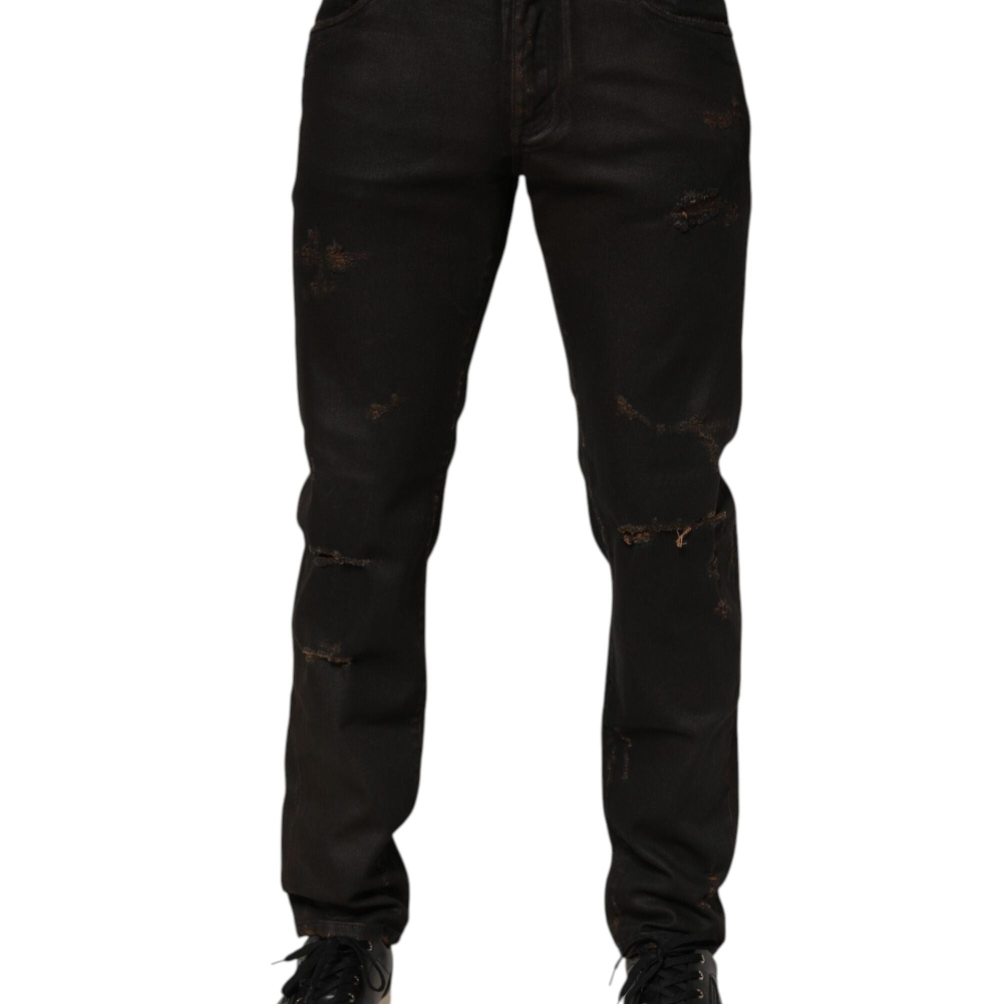 Dolce & Gabbana Dark Brown Tattered Cotton Skinny Denim Jeans