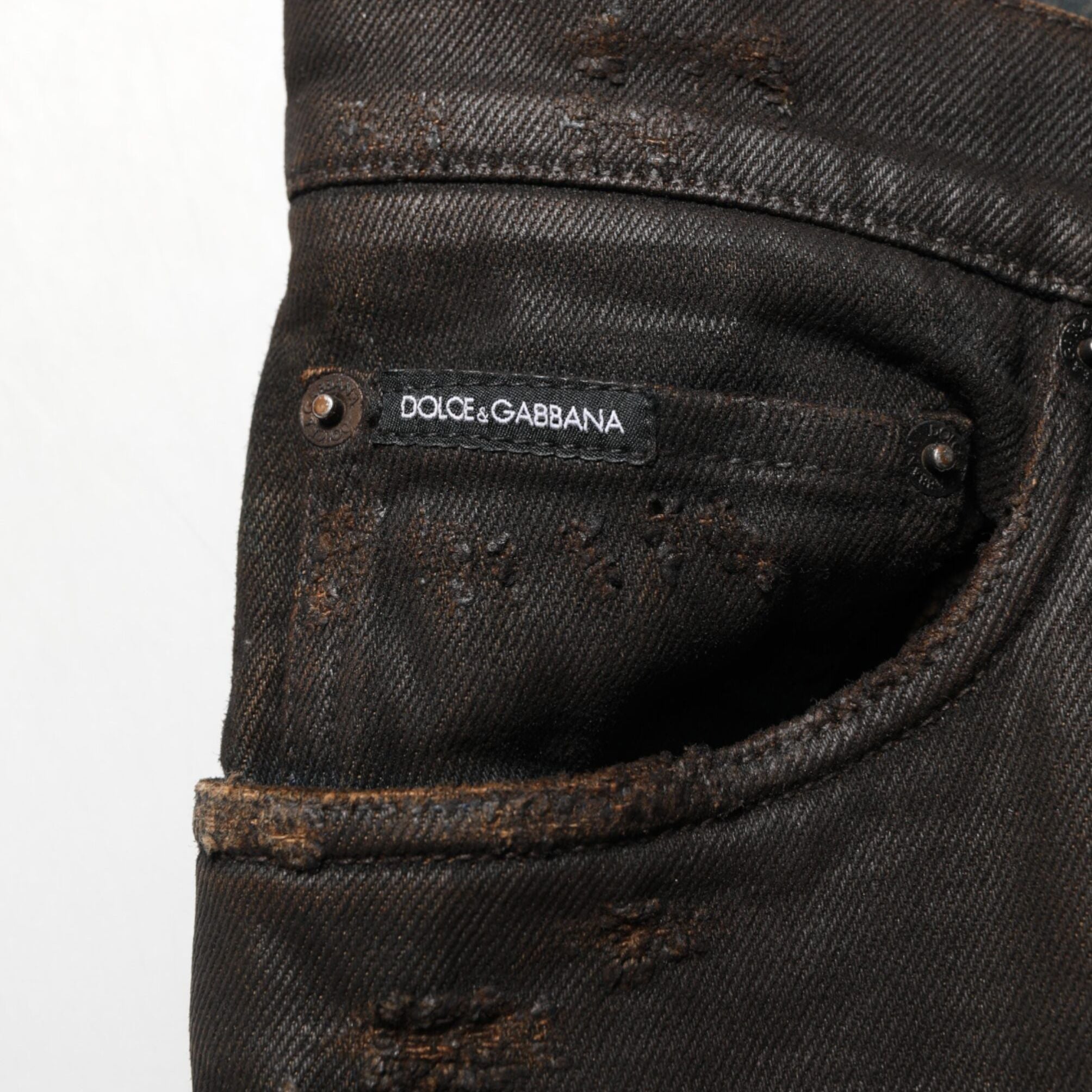 Dolce & Gabbana Dark Brown Tattered Cotton Skinny Denim Jeans