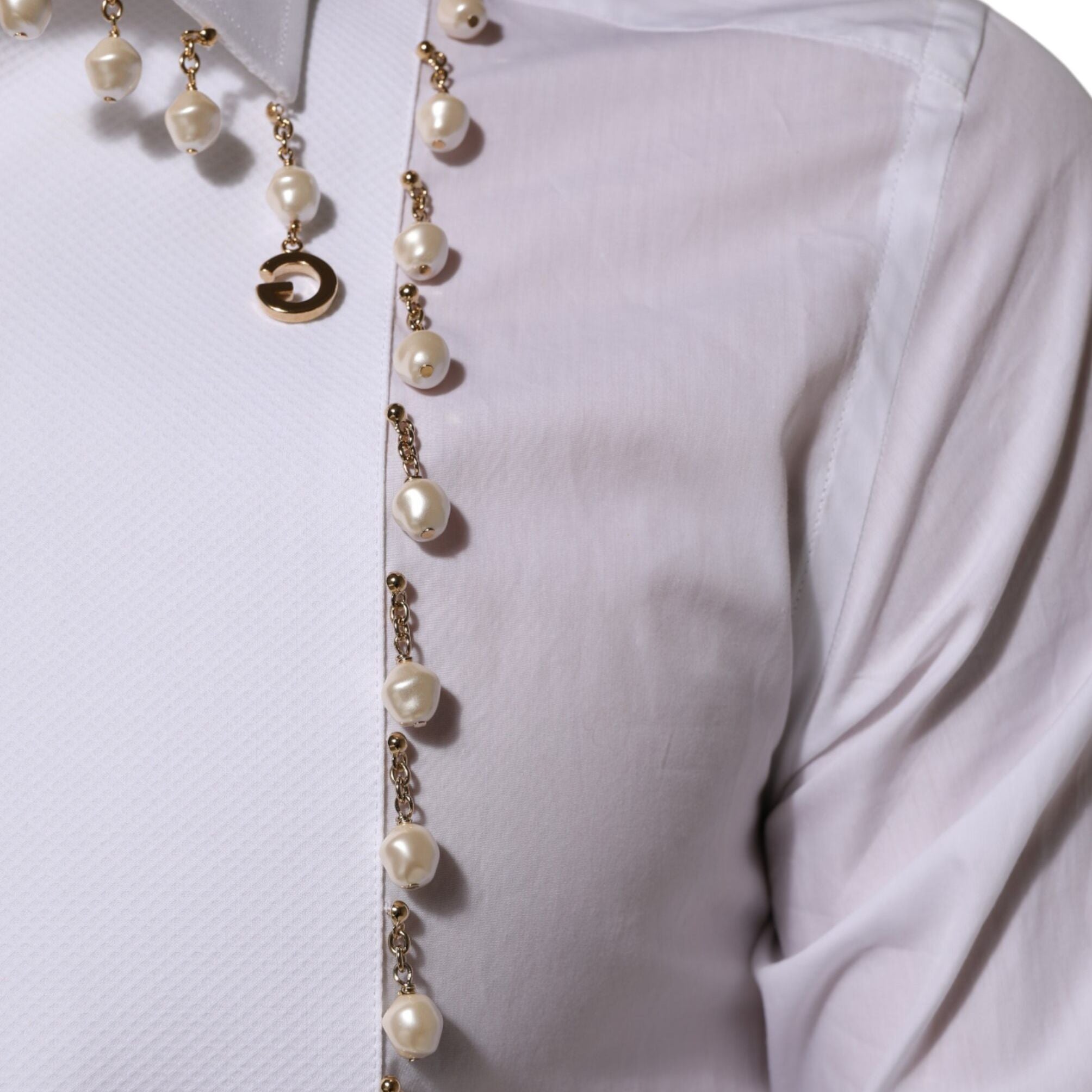 Dolce & Gabbana White Cotton DG Logo Pearl GOLD Formal Shirt