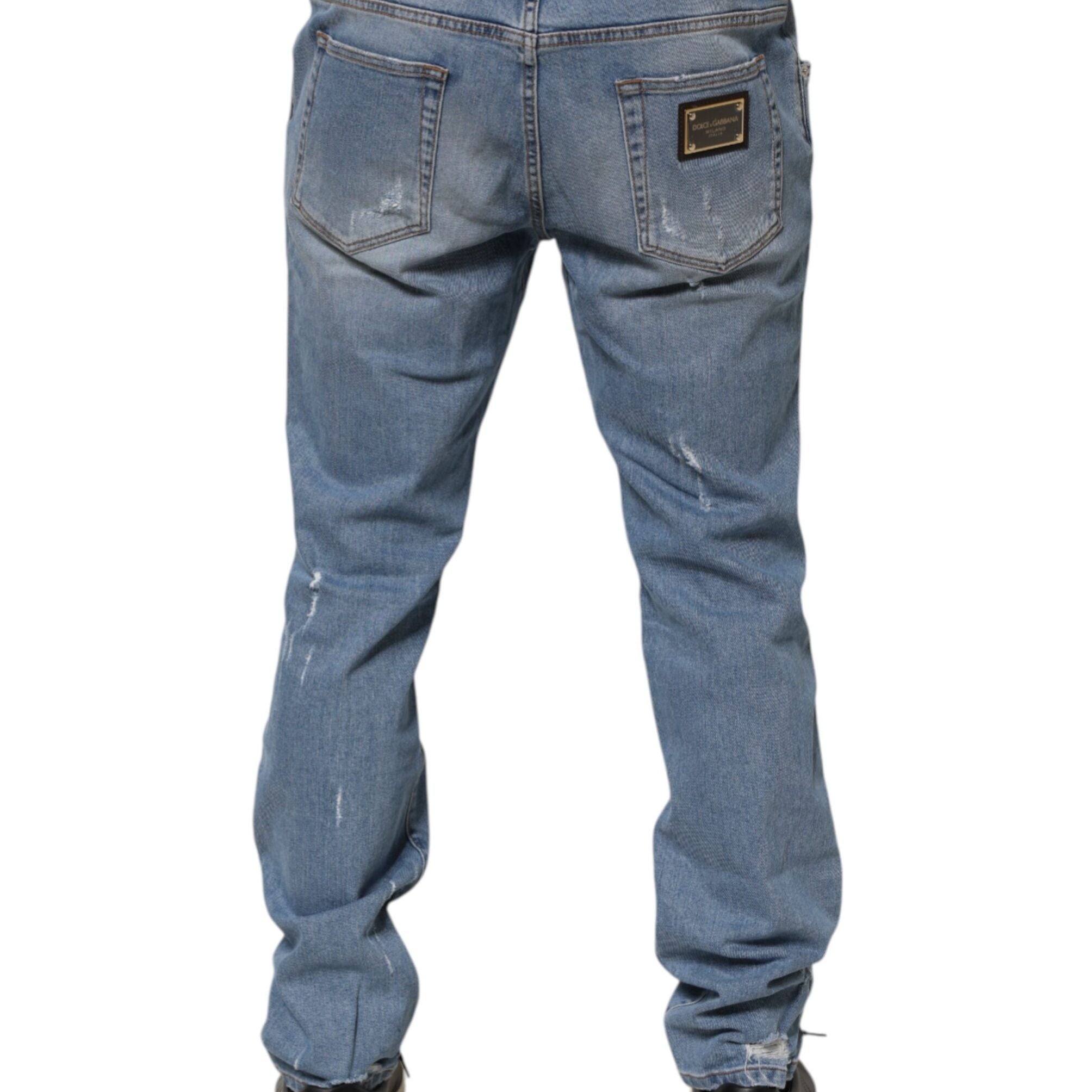 Dolce & Gabbana Blue Tattered Slim Fit Cotton Denim Jeans