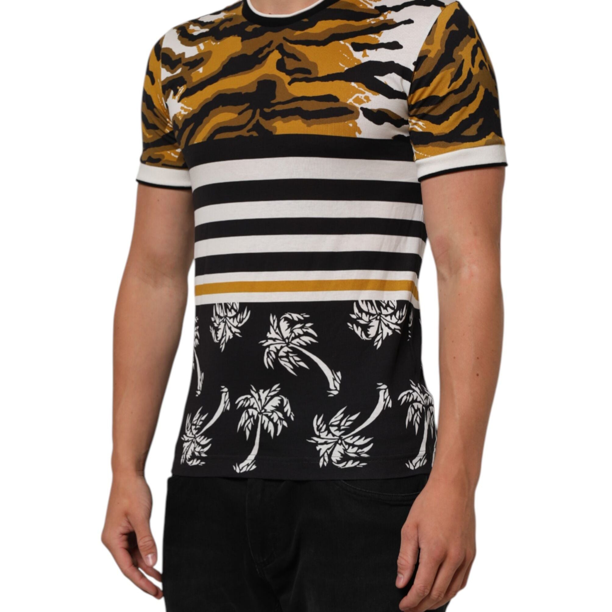 Dolce & Gabbana Multicolor Leopard Palm Leaf Men Crew Neck T-shirt