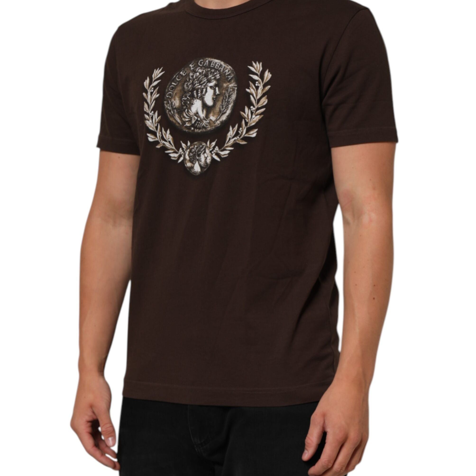 Dolce & Gabbana Brown Coin Laurel Print Men Crew Neck T-shirt