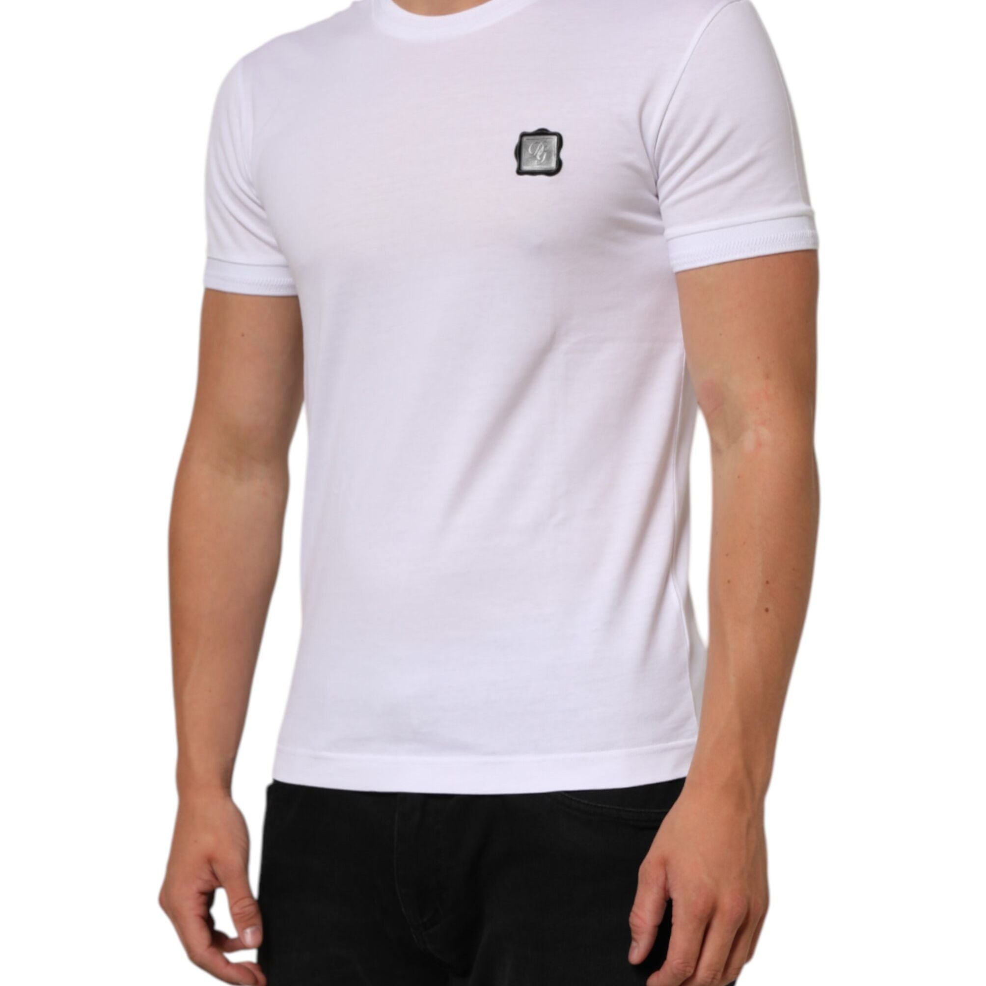 Dolce & Gabbana White Cotton Logo Patch Crew Neck  T-shirt
