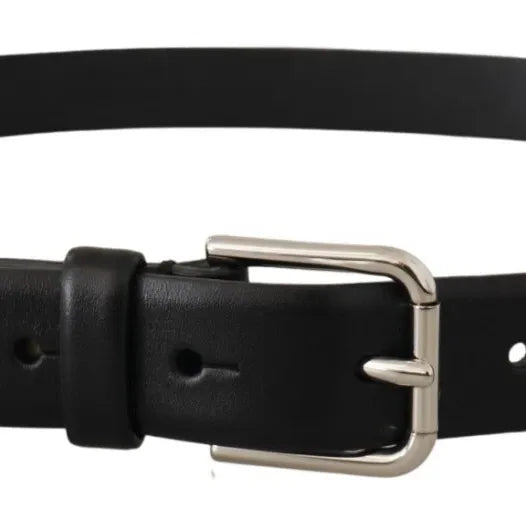 Dolce & Gabbana Black Calf Leather Silver Tone Logo Buckle Belt