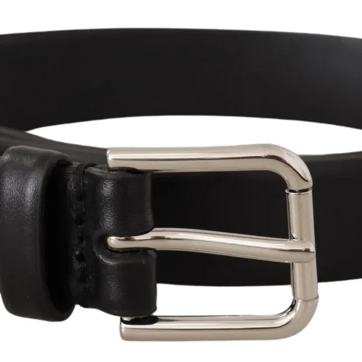 Dolce & Gabbana Black Calf Leather Silver Tone Logo Buckle Belt