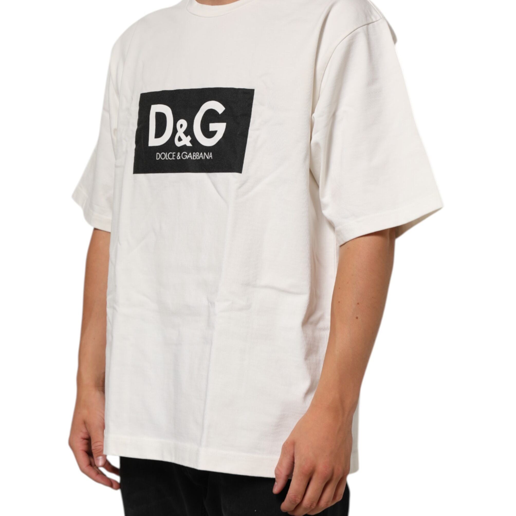 Dolce & Gabbana White Logo Print Cotton Crew Neck Men T-shirt