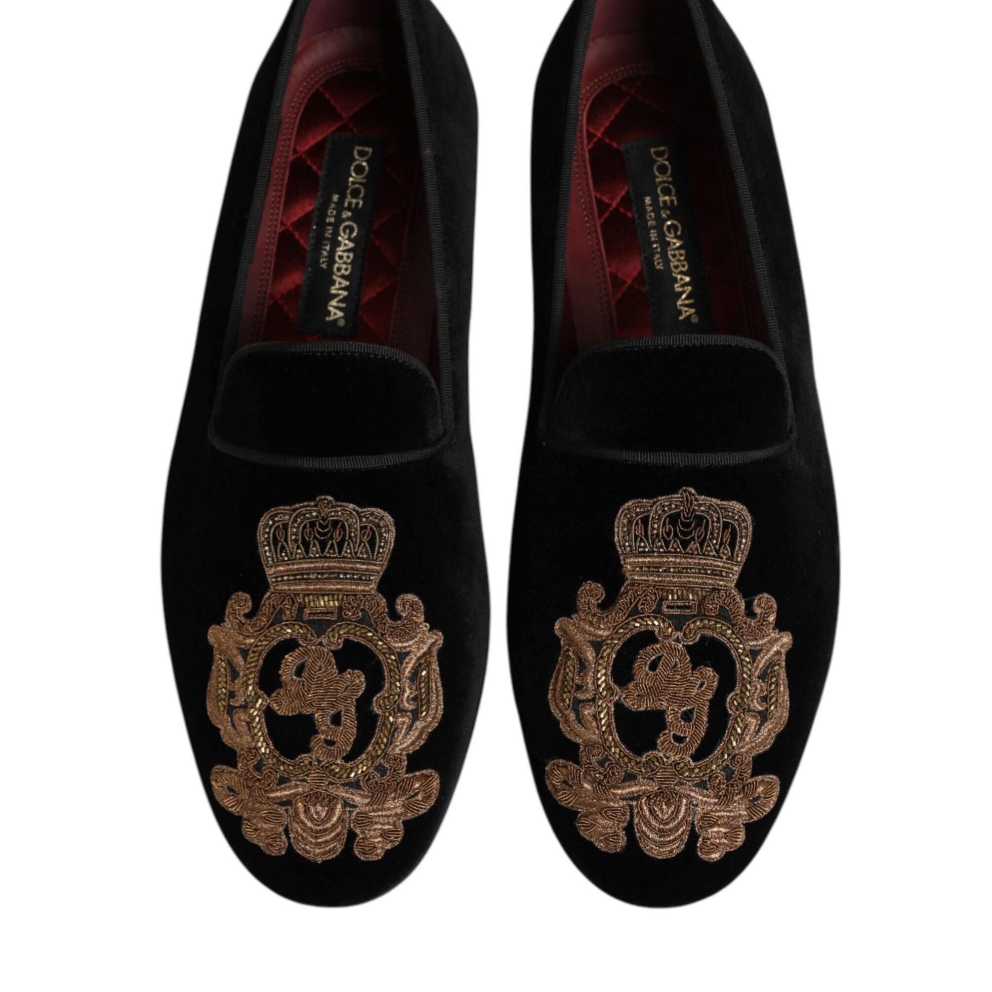 Dolce & Gabbana Black Velvet Gold Crown Mens Loafers Shoes