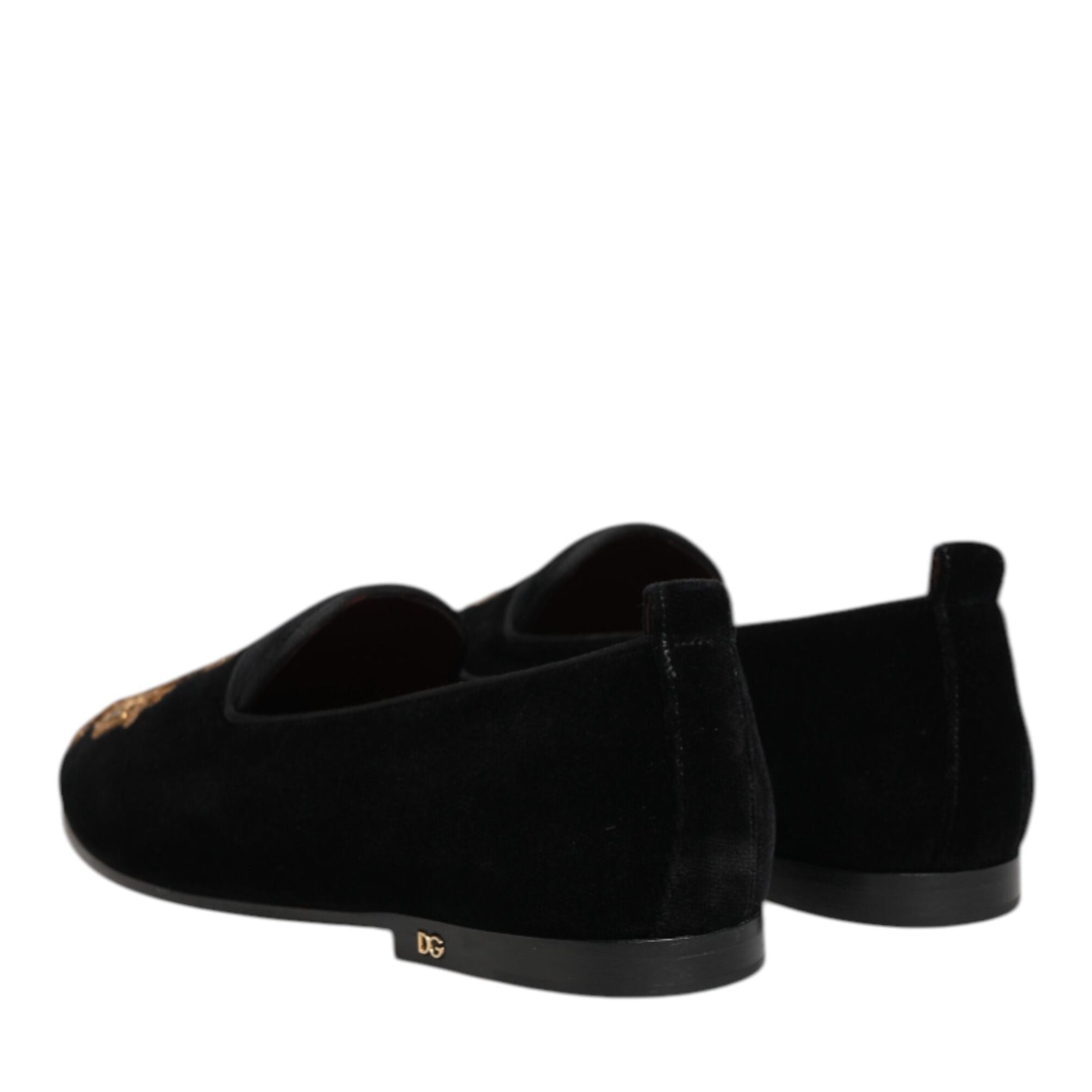 Dolce & Gabbana Black Velvet Gold Crown Mens Loafers Shoes