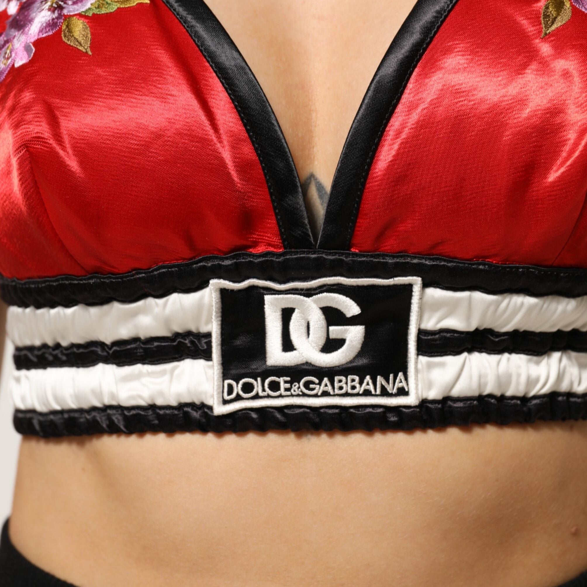 Dolce & Gabbana Red Satin Floral Embroidered Bralette Crop Top