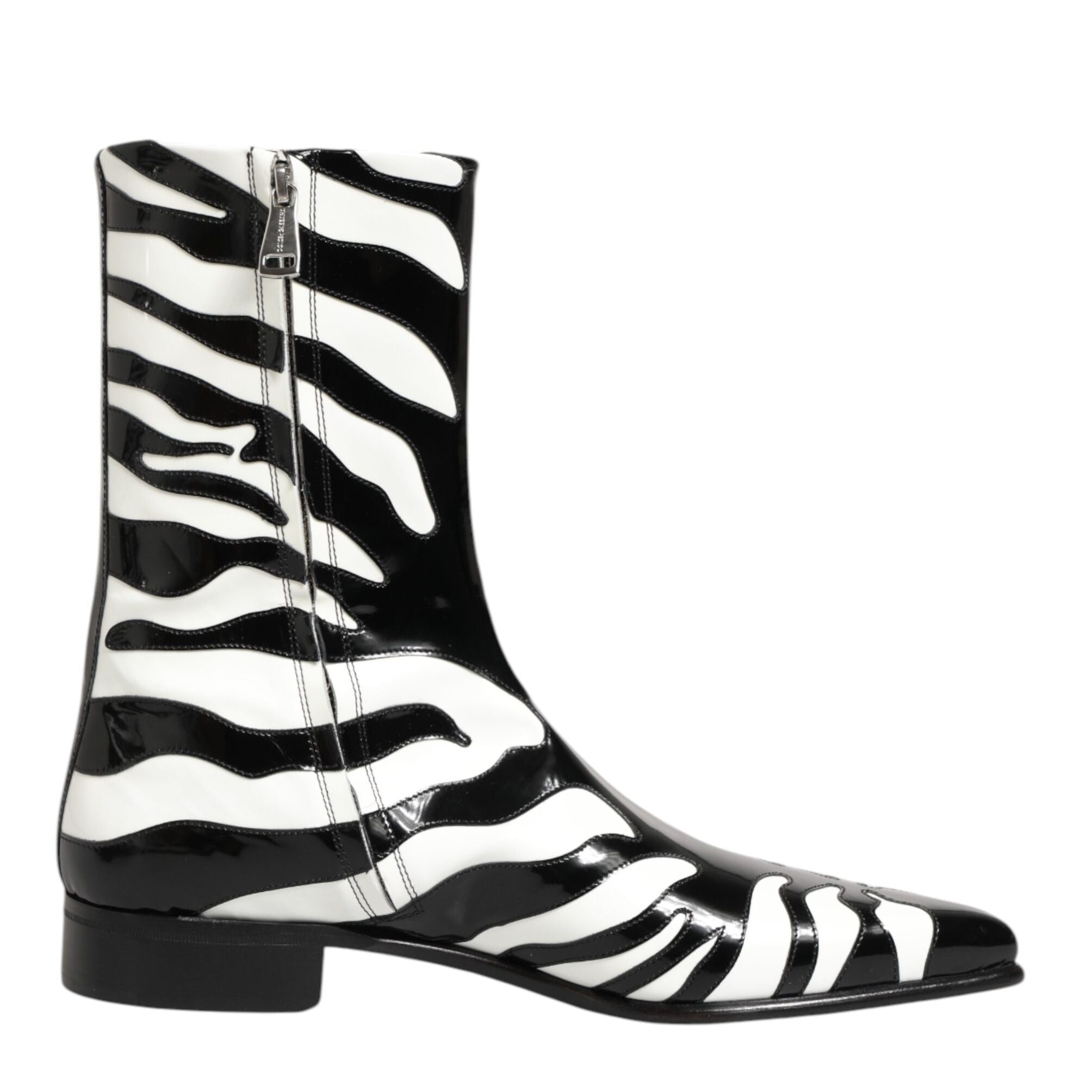 Dolce & Gabbana Black White Zebra Leather Mid Calf Boots Shoes